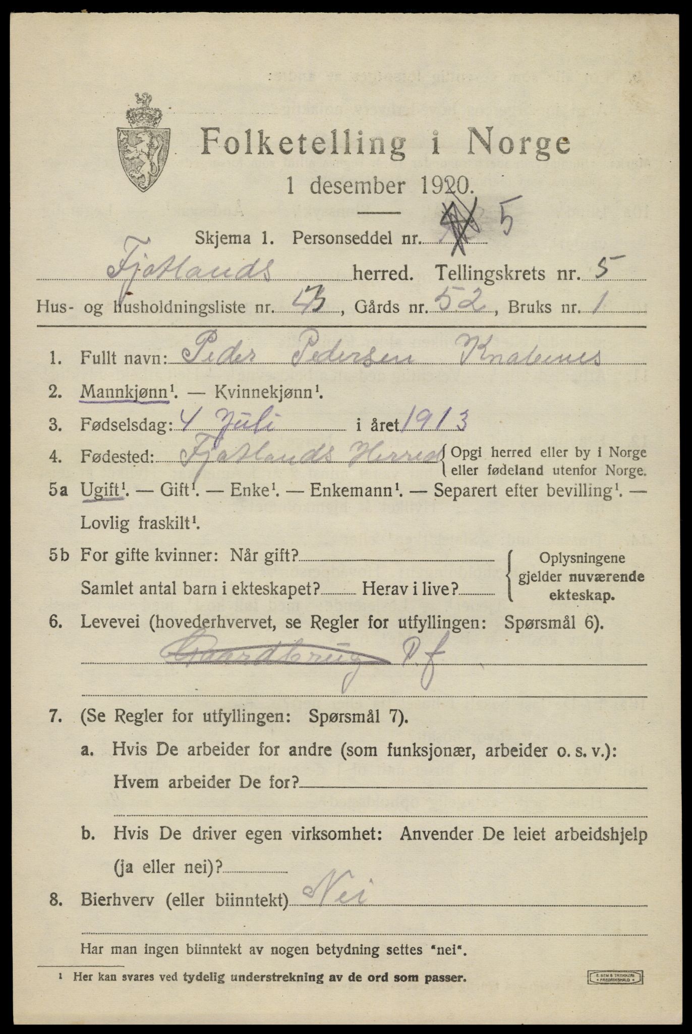 SAK, 1920 census for Fjotland, 1920, p. 1556