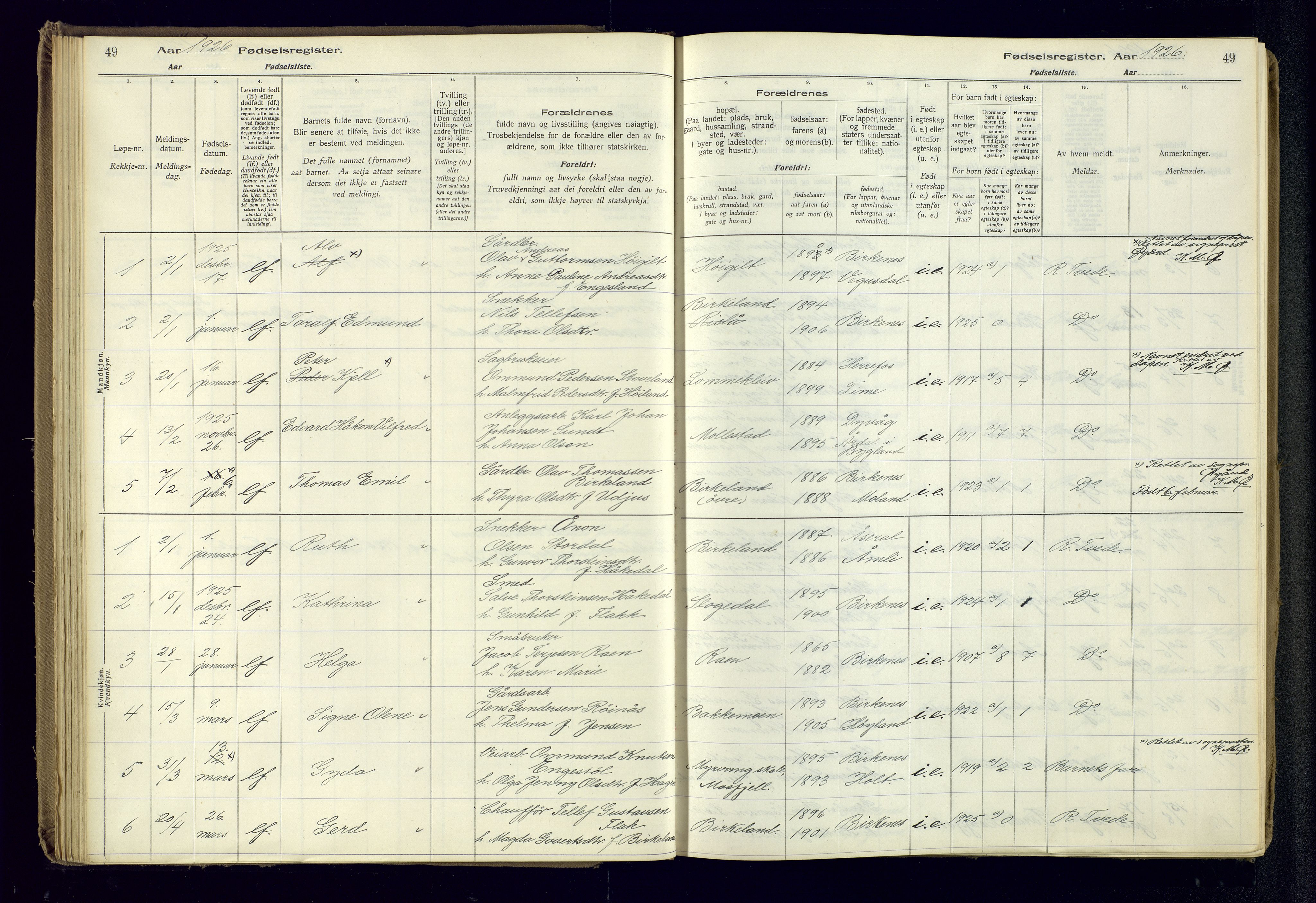 Birkenes sokneprestkontor, AV/SAK-1111-0004/J/Ja/L0001: Birth register no. II.6.4, 1916-1962, p. 49