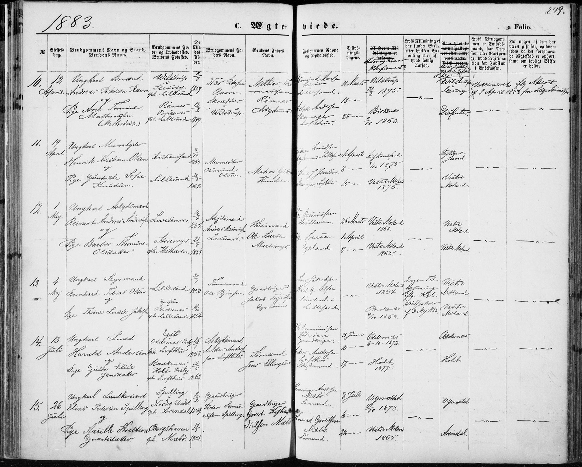 Vestre Moland sokneprestkontor, AV/SAK-1111-0046/F/Fa/Fab/L0008: Parish register (official) no. A 8, 1873-1883, p. 249