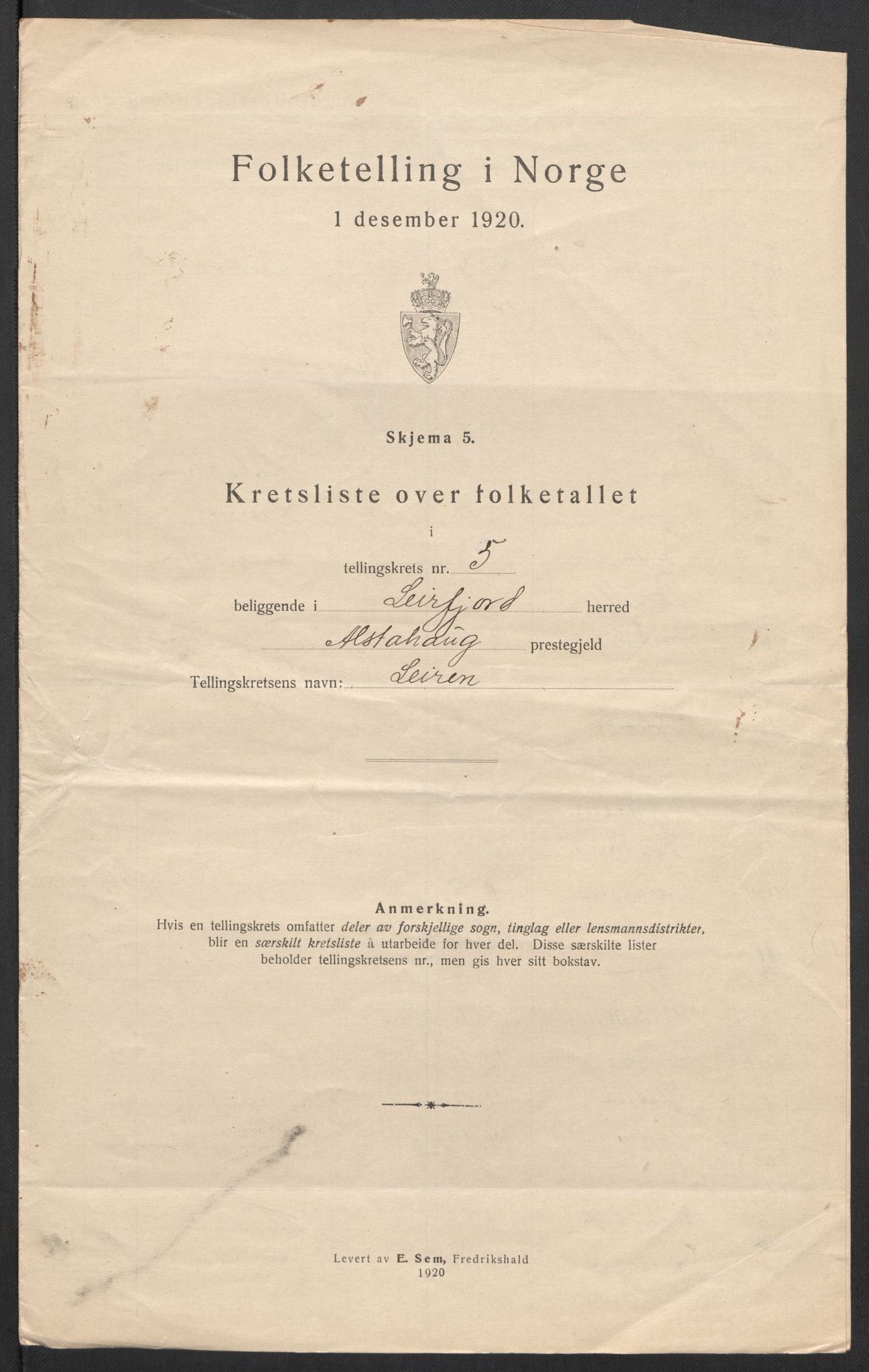 SAT, 1920 census for Leirfjord, 1920, p. 20