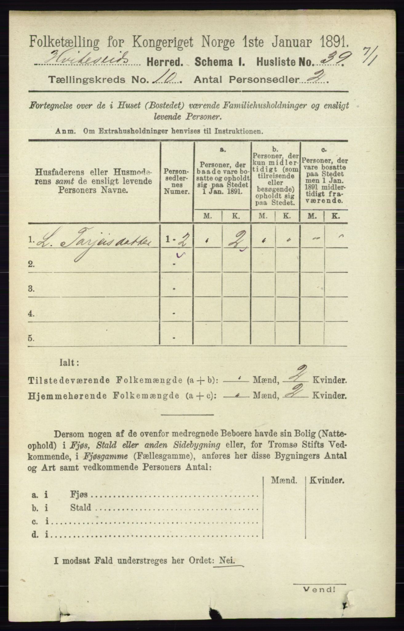 RA, 1891 census for 0829 Kviteseid, 1891, p. 2276