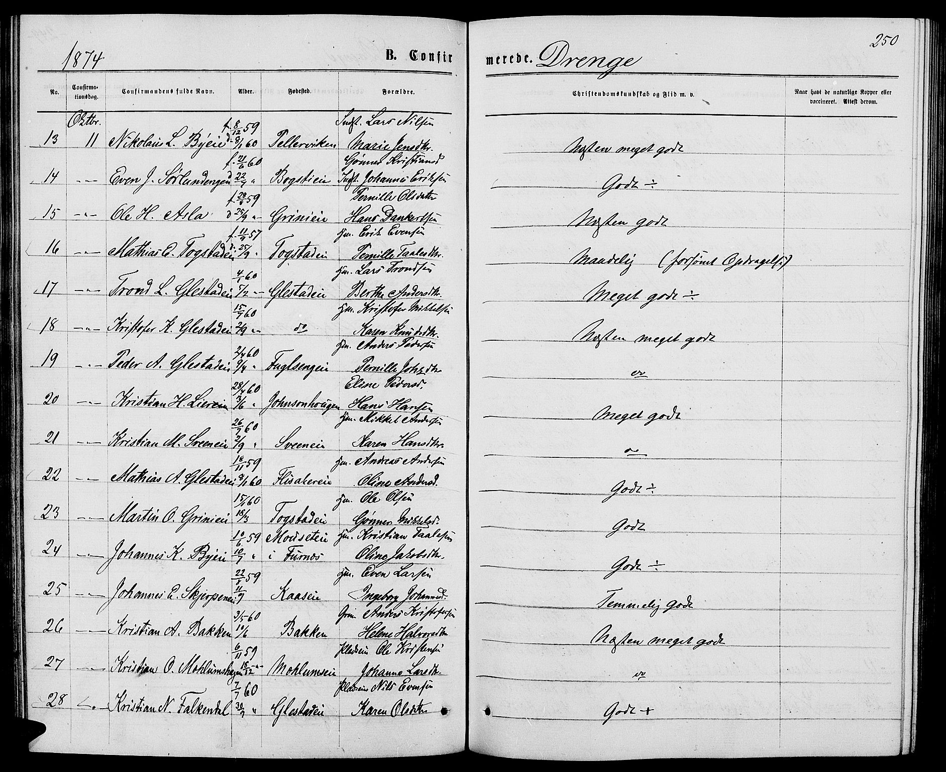 Ringsaker prestekontor, AV/SAH-PREST-014/L/La/L0008: Parish register (copy) no. 8, 1870-1878, p. 250