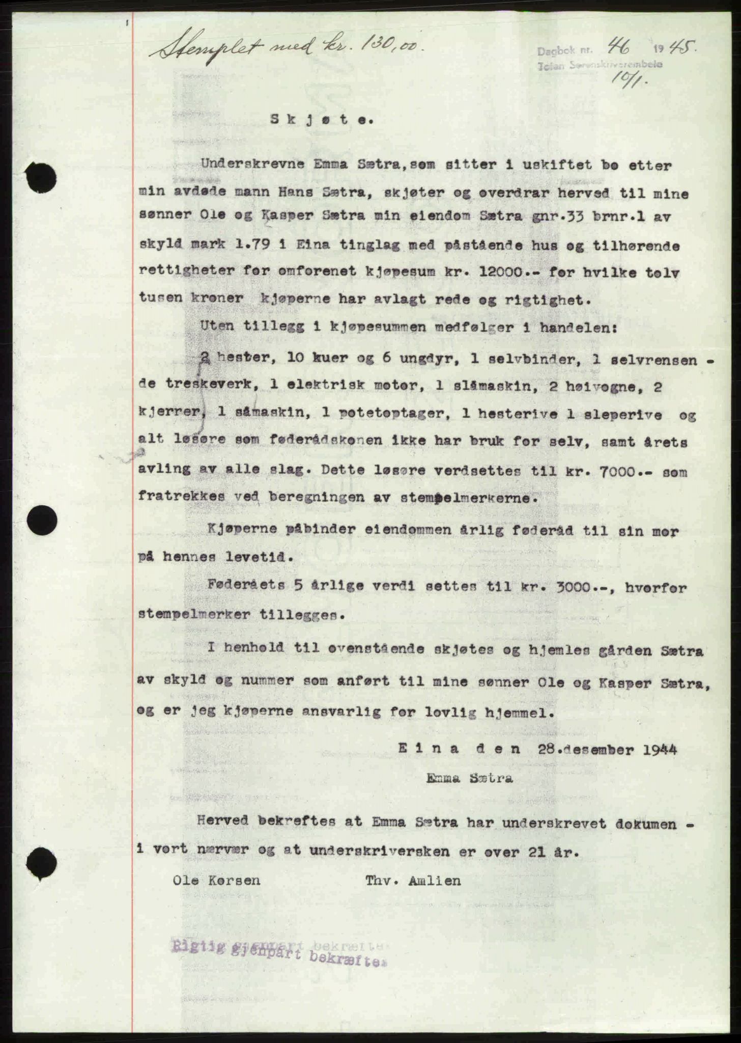 Toten tingrett, SAH/TING-006/H/Hb/Hbc/L0013: Mortgage book no. Hbc-13, 1945-1945, Diary no: : 46/1945