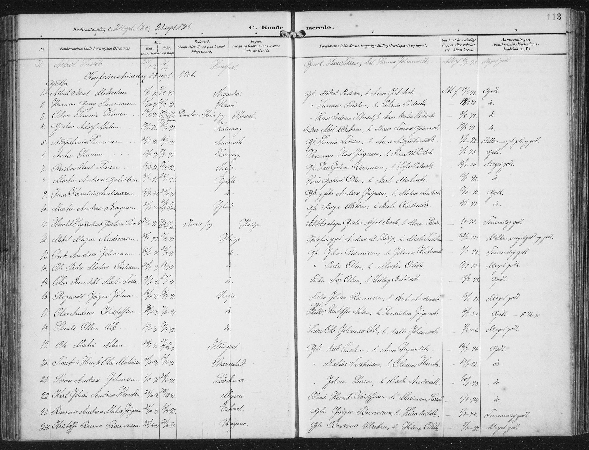 Bremanger sokneprestembete, SAB/A-82201/H/Haa/Haab/L0002: Parish register (official) no. B  2, 1896-1908, p. 113