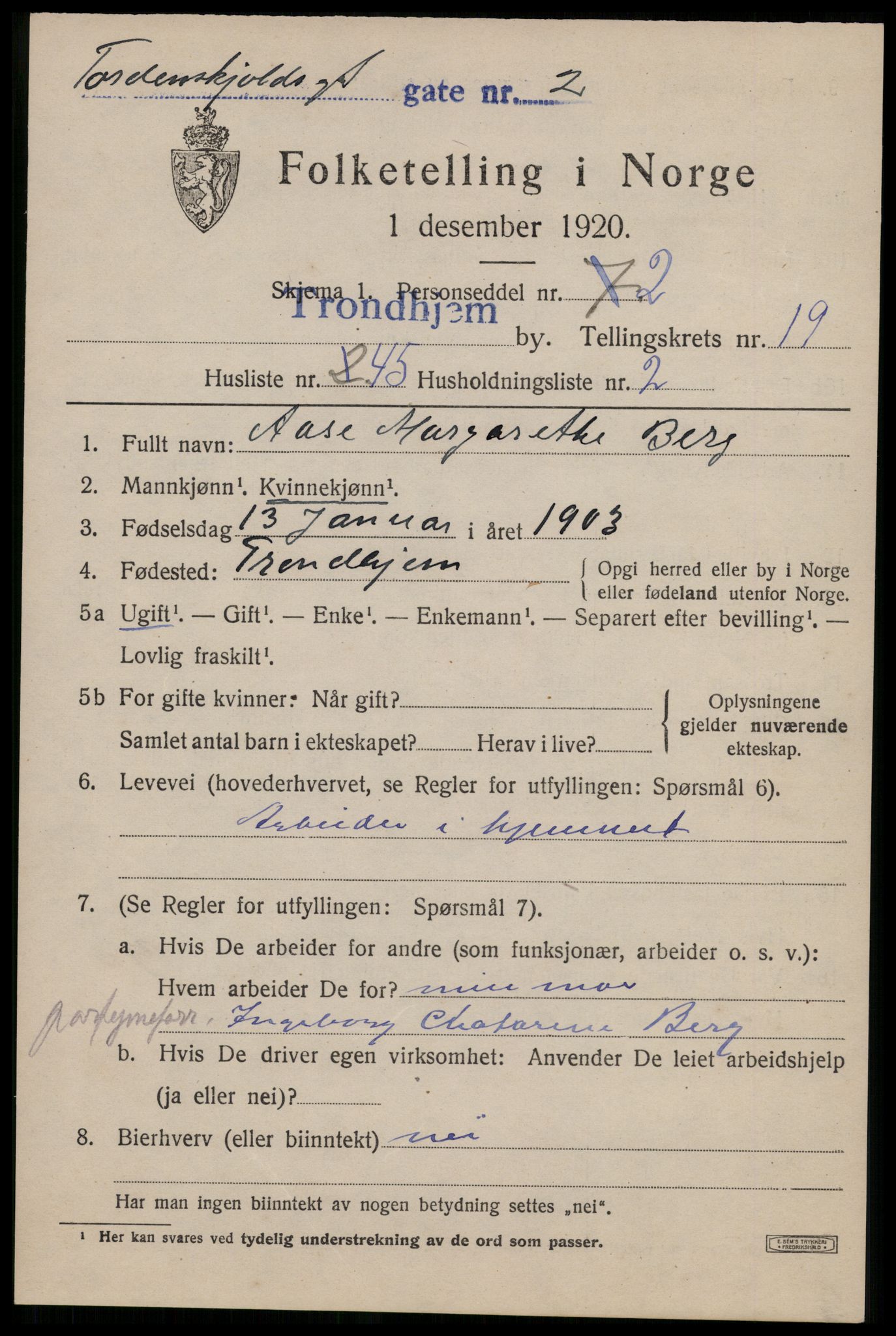 SAT, 1920 census for Trondheim, 1920, p. 59530
