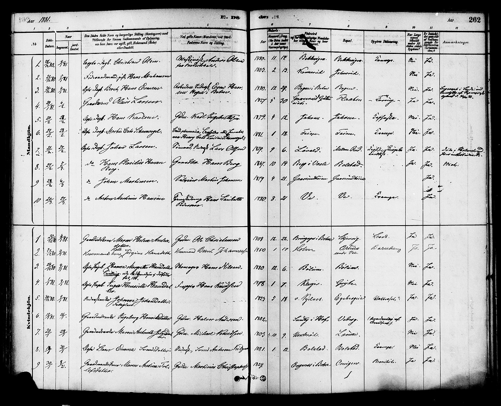 Sande Kirkebøker, SAKO/A-53/F/Fa/L0006: Parish register (official) no. 6, 1878-1888, p. 262