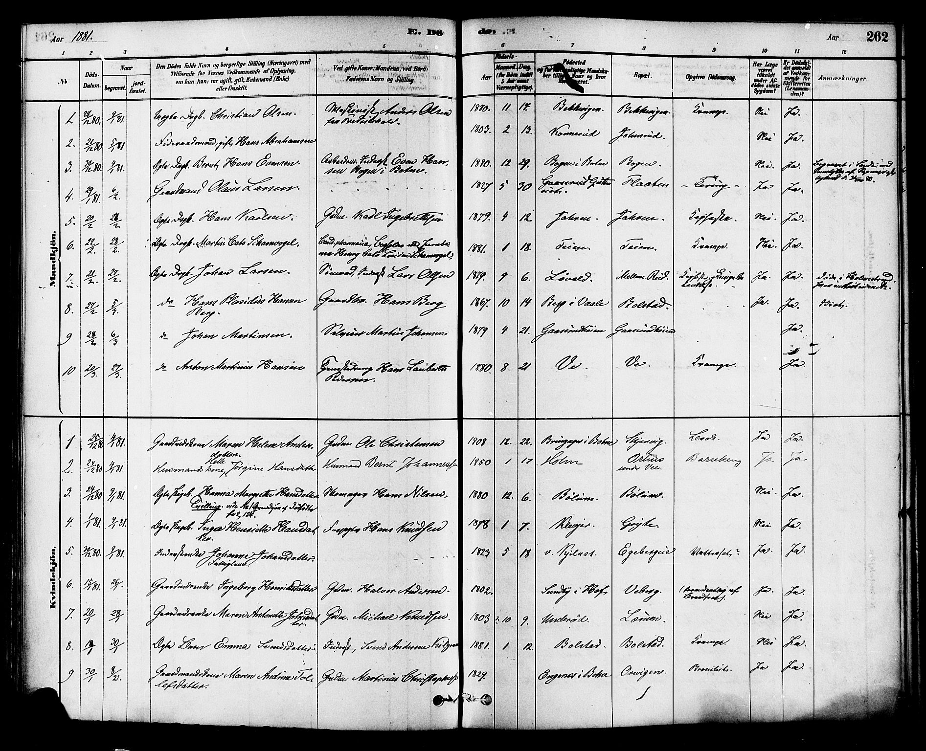 Sande Kirkebøker, AV/SAKO-A-53/F/Fa/L0006: Parish register (official) no. 6, 1878-1888, p. 262