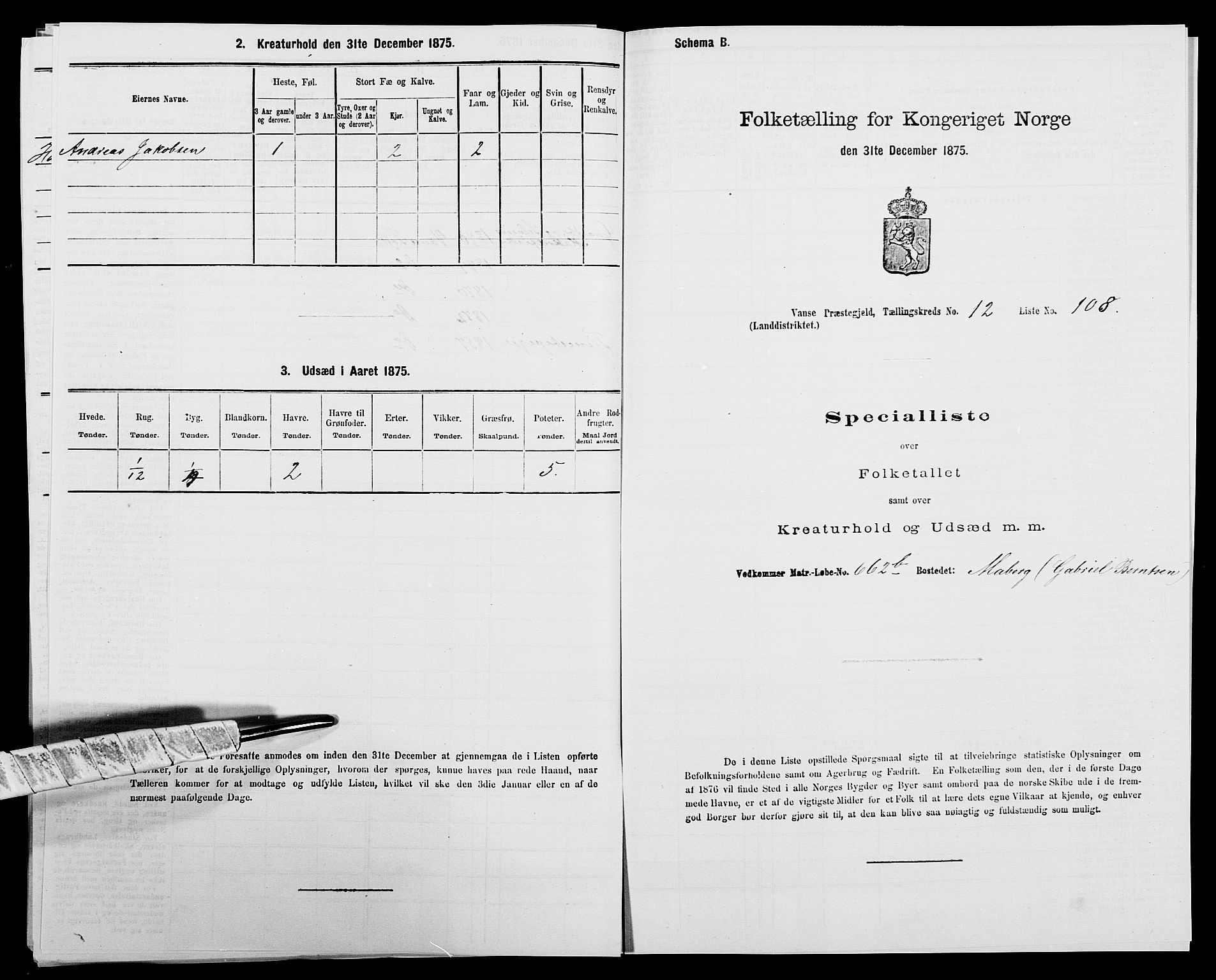 SAK, 1875 census for 1041L Vanse/Vanse og Farsund, 1875, p. 2373