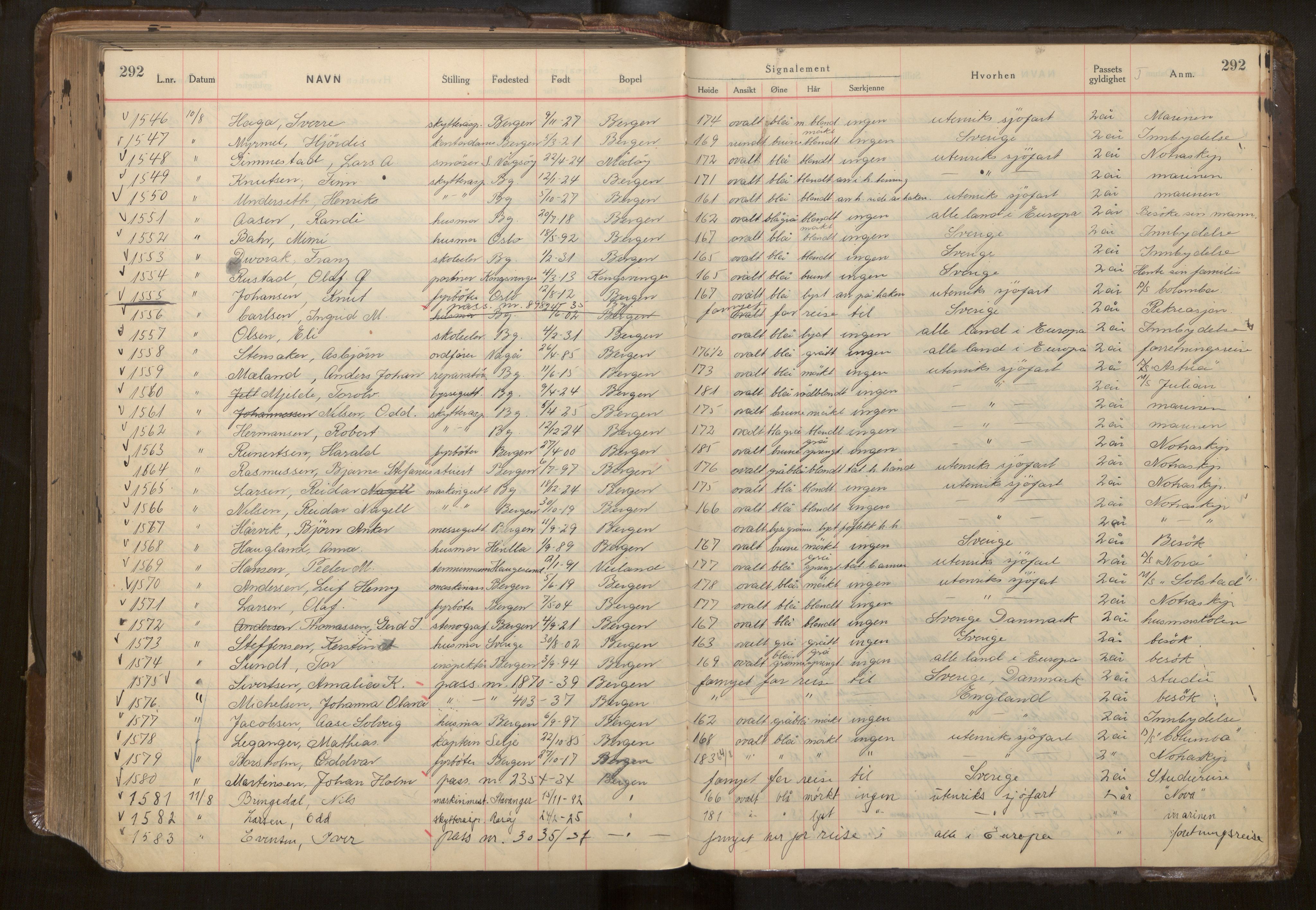 Bergen politikammer / politidistrikt, AV/SAB-A-60401/L/La/Lab/L0015: Passprotokoll, 1939-1946