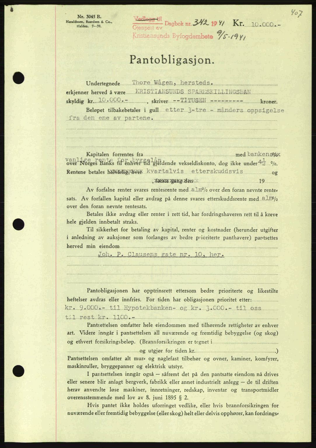 Kristiansund byfogd, AV/SAT-A-4587/A/27: Mortgage book no. 33, 1939-1941, Diary no: : 342/1941