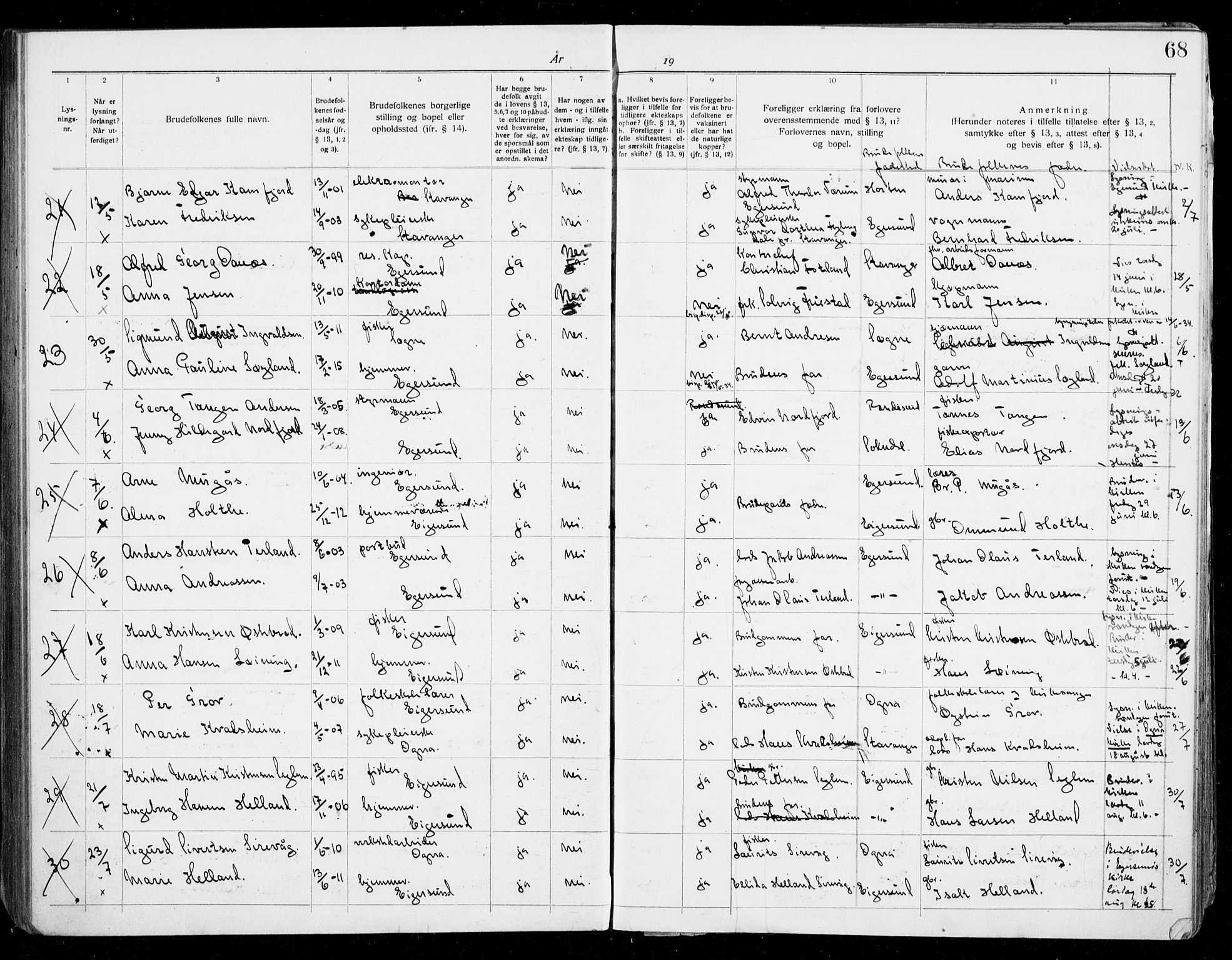 Eigersund sokneprestkontor, AV/SAST-A-101807/S27/L0003: Banns register no. 3, 1919-1939, p. 68