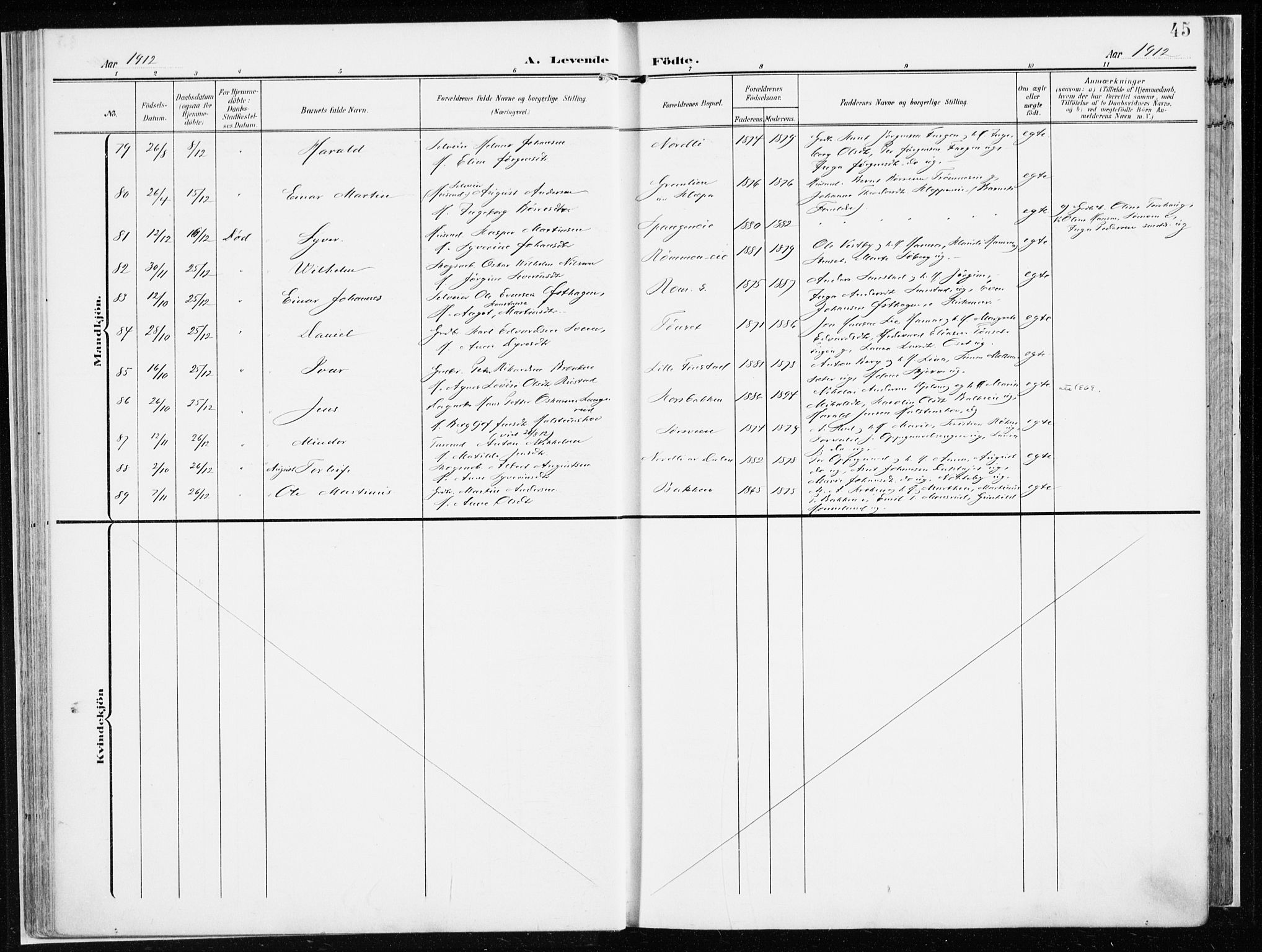 Løten prestekontor, AV/SAH-PREST-022/K/Ka/L0011: Parish register (official) no. 11, 1908-1917, p. 45