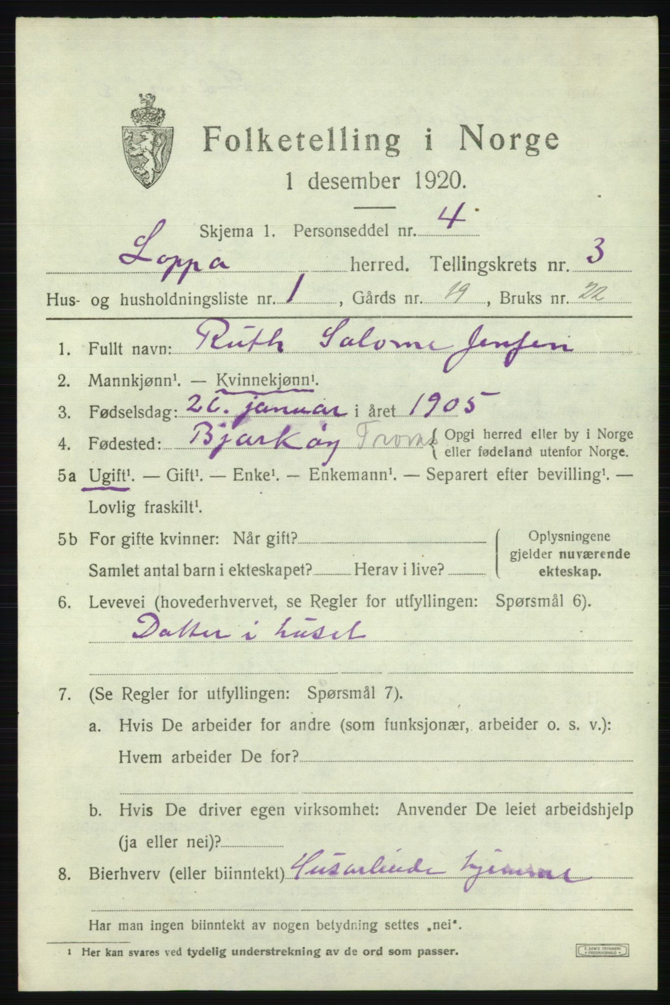 SATØ, 1920 census for Loppa, 1920, p. 1020