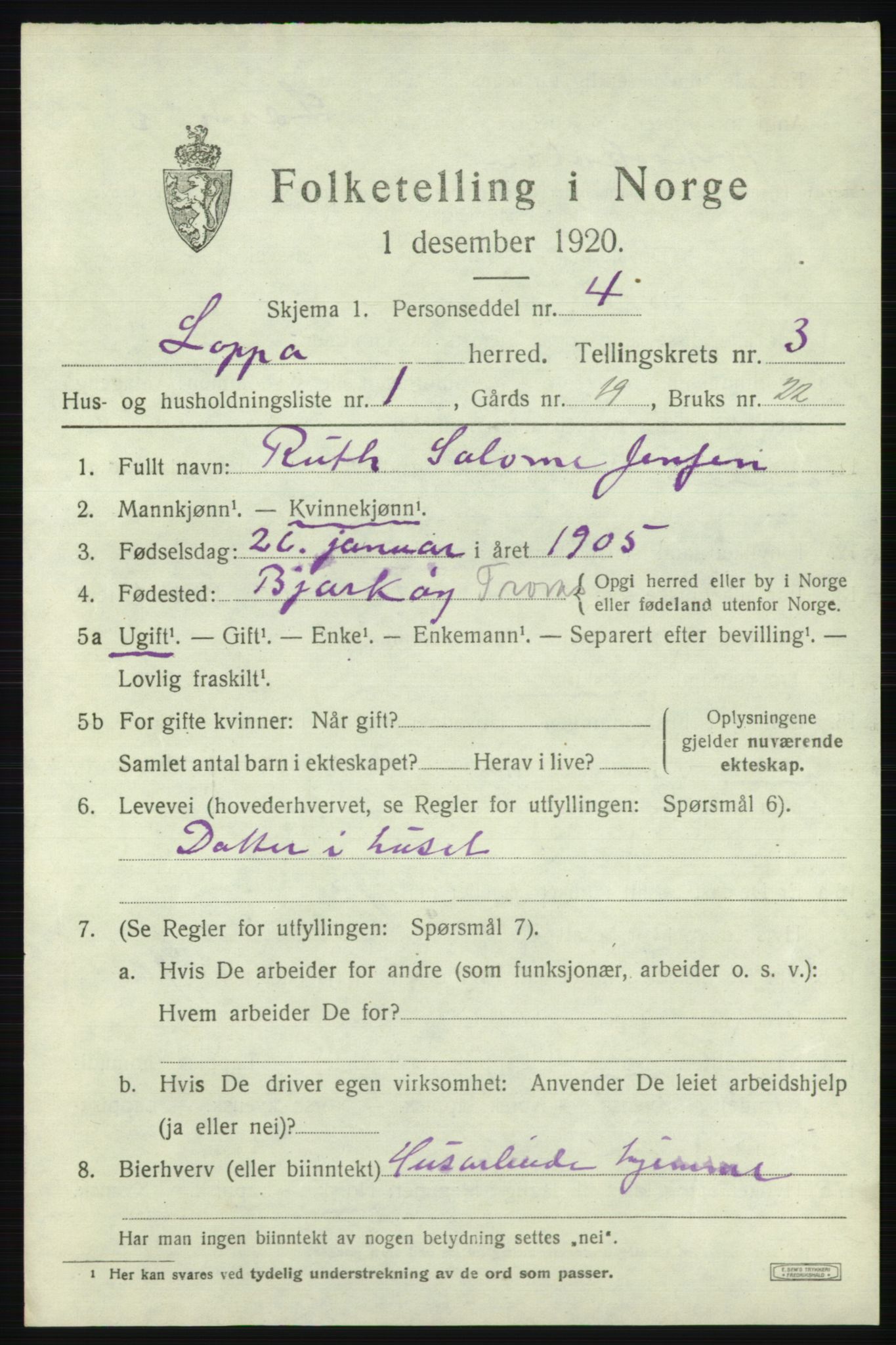 SATØ, 1920 census for Loppa, 1920, p. 1020