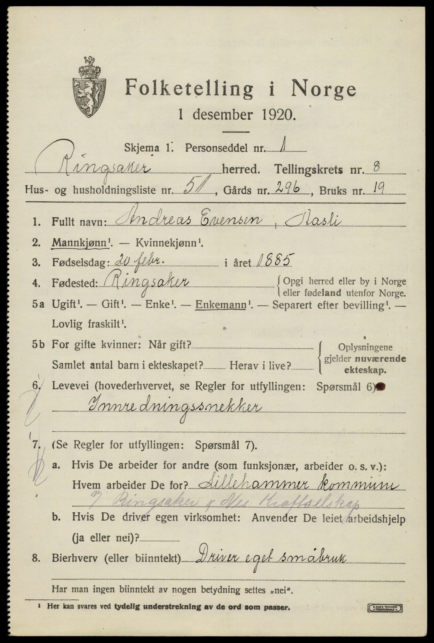 SAH, 1920 census for Ringsaker, 1920, p. 17510