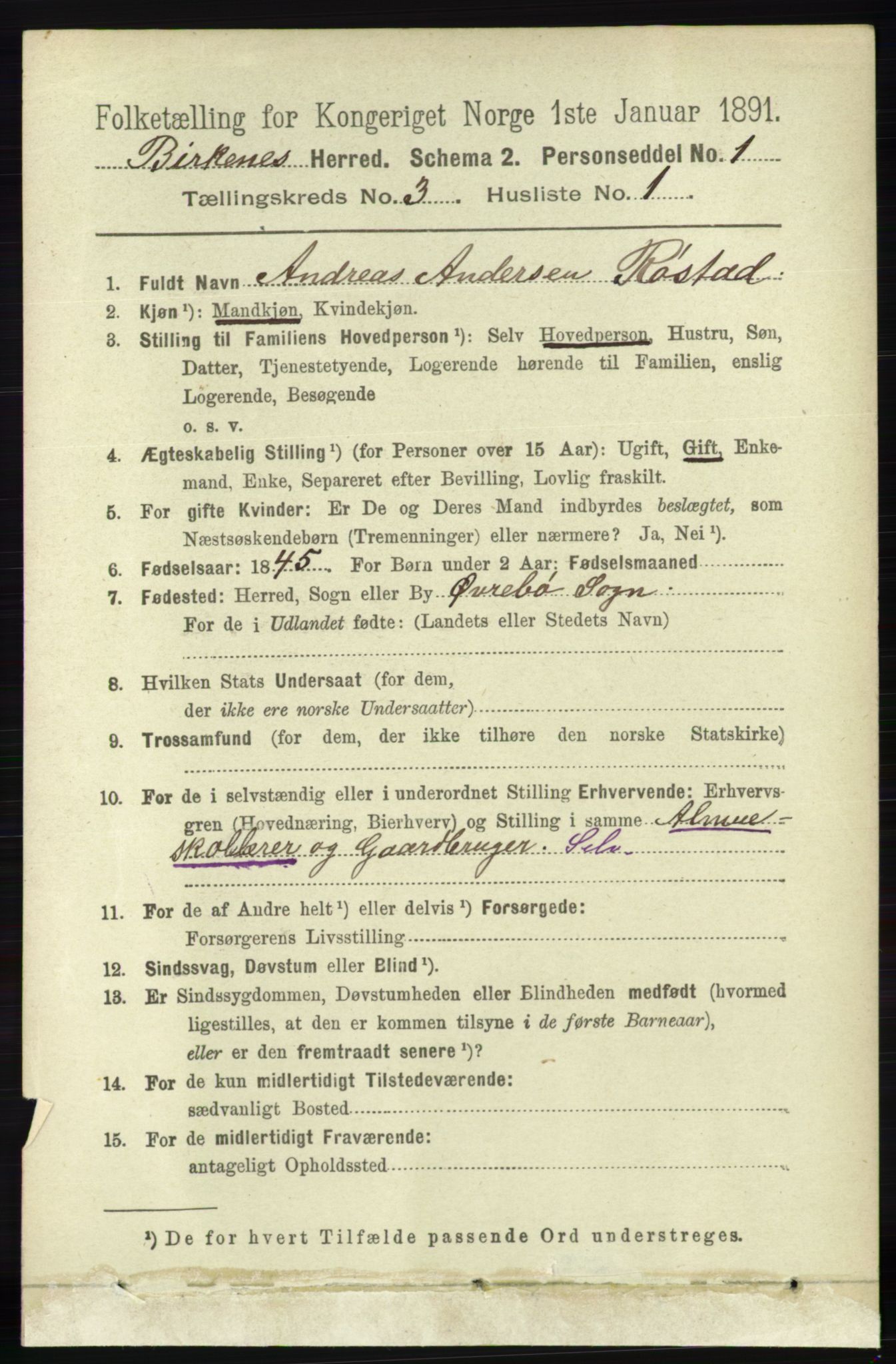 RA, 1891 Census for 0928 Birkenes, 1891, p. 847