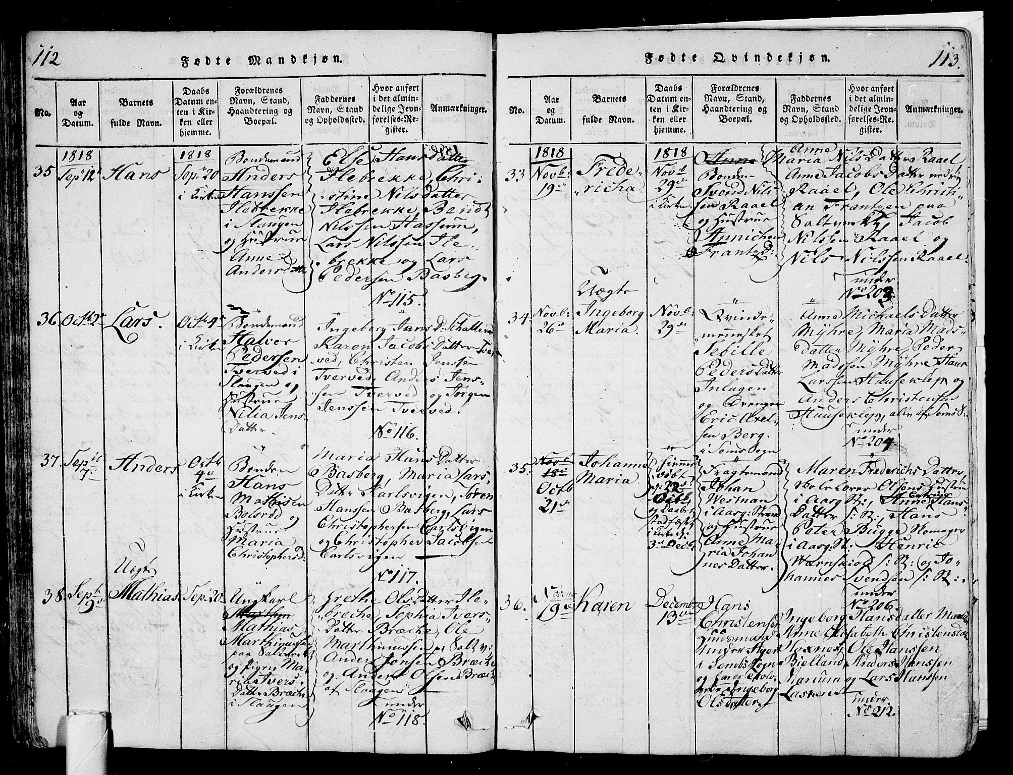 Sem kirkebøker, AV/SAKO-A-5/G/Ga/L0001: Parish register (copy) no. I 1, 1814-1825, p. 112-113