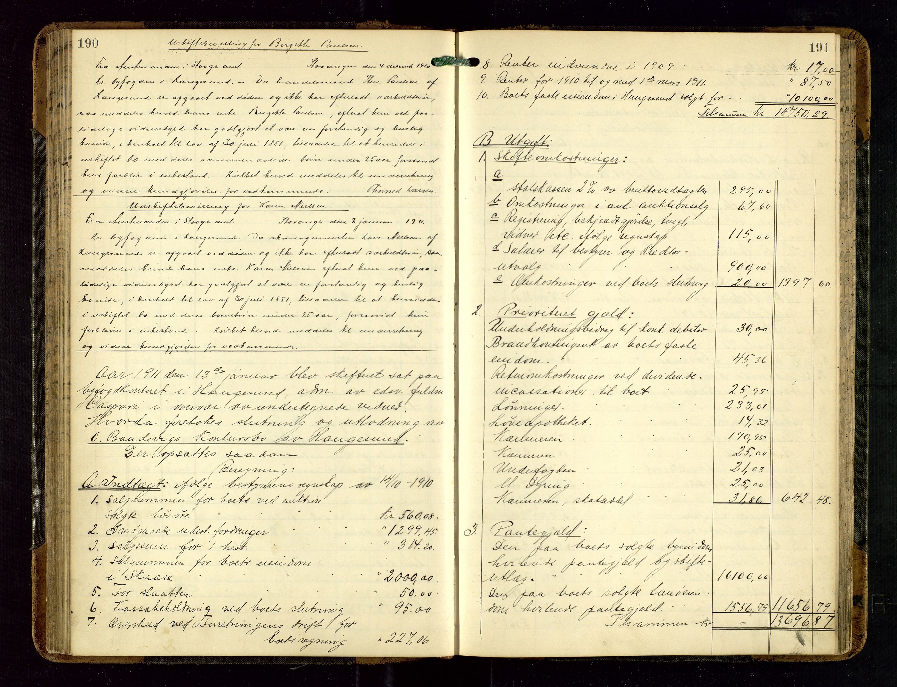 Haugesund tingrett, SAST/A-101415/01/IV/IVD/L0002: Skifteutlodningsprotokoll, med register, 1904-1915, p. 190-191