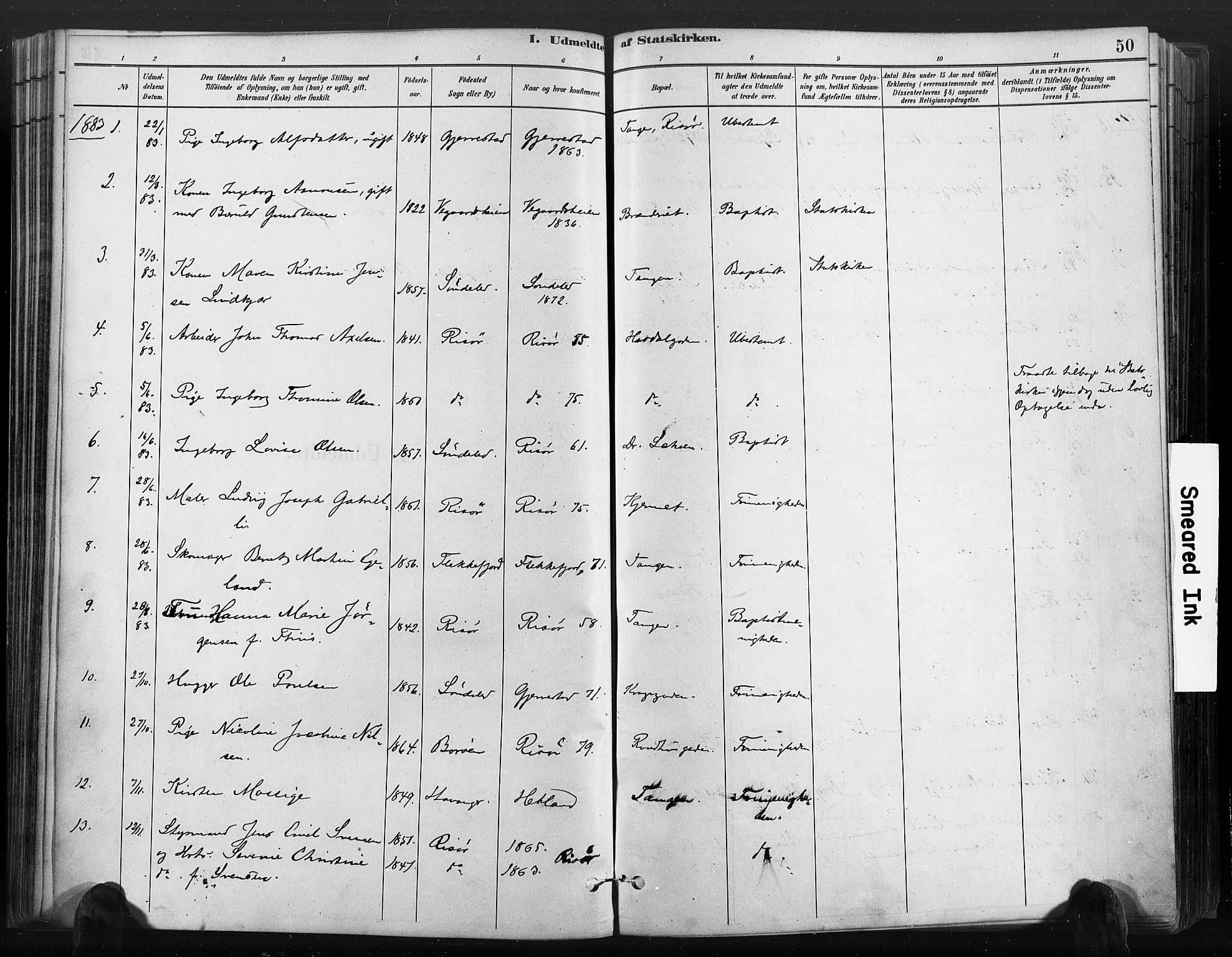Risør sokneprestkontor, SAK/1111-0035/F/Fa/L0006: Parish register (official) no. A 6, 1883-1908, p. 50