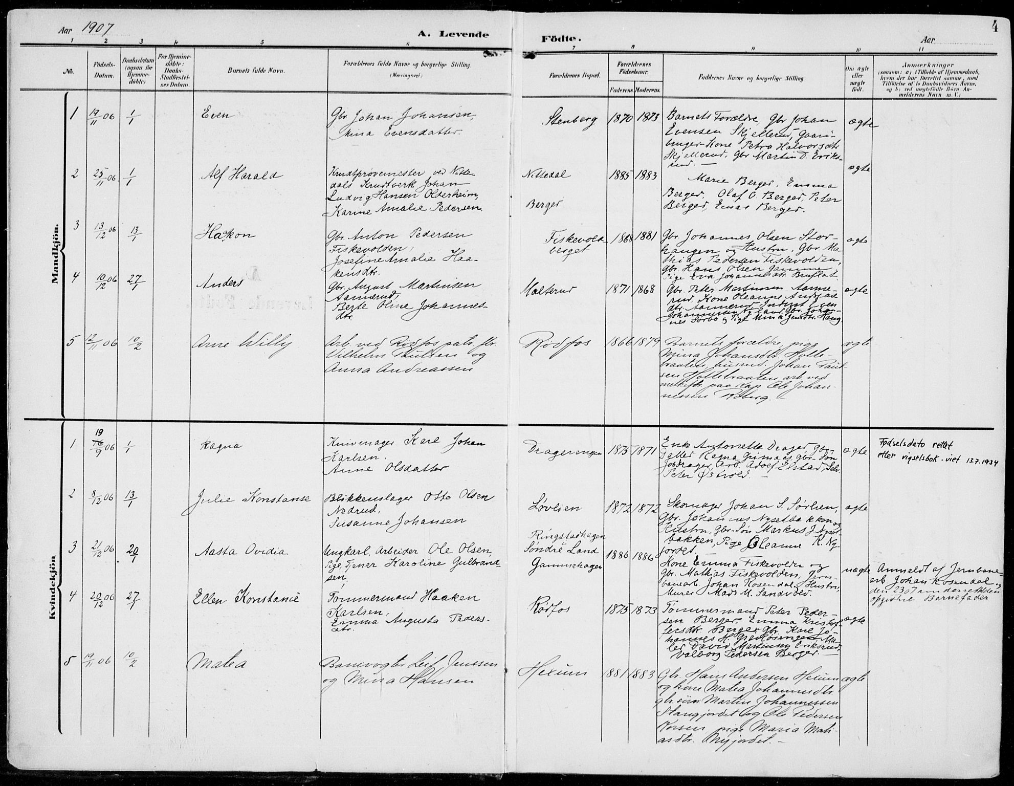 Vestre Toten prestekontor, SAH/PREST-108/H/Ha/Haa/L0014: Parish register (official) no. 14, 1907-1920, p. 4