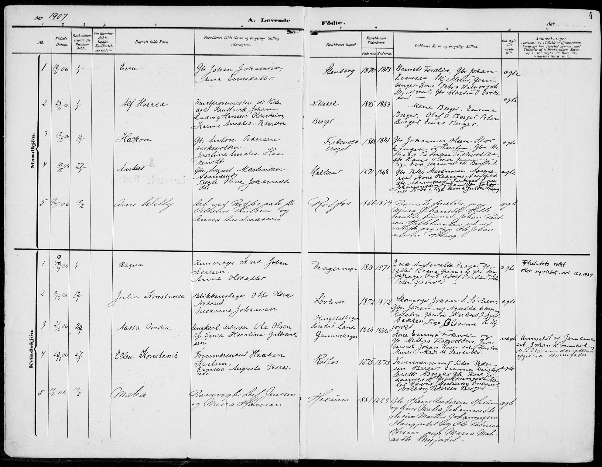 Vestre Toten prestekontor, AV/SAH-PREST-108/H/Ha/Haa/L0014: Parish register (official) no. 14, 1907-1920, p. 4