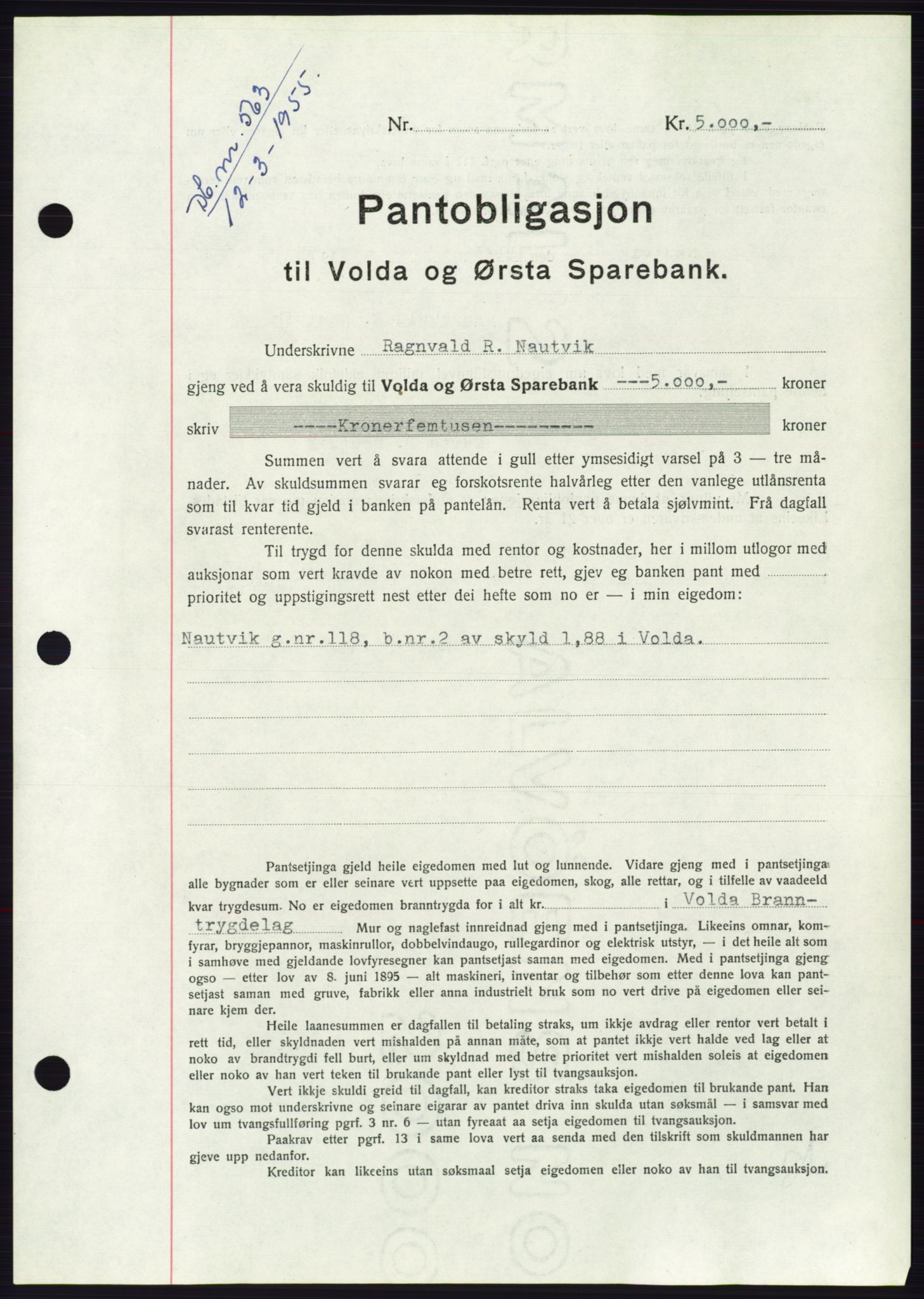 Søre Sunnmøre sorenskriveri, AV/SAT-A-4122/1/2/2C/L0126: Mortgage book no. 14B, 1954-1955, Diary no: : 563/1955