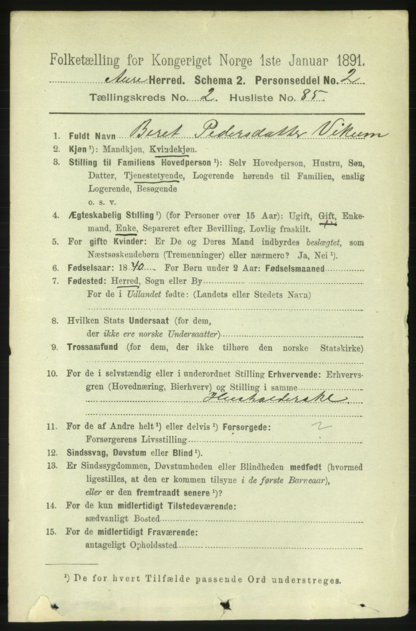 RA, 1891 census for 1569 Aure, 1891, p. 1489