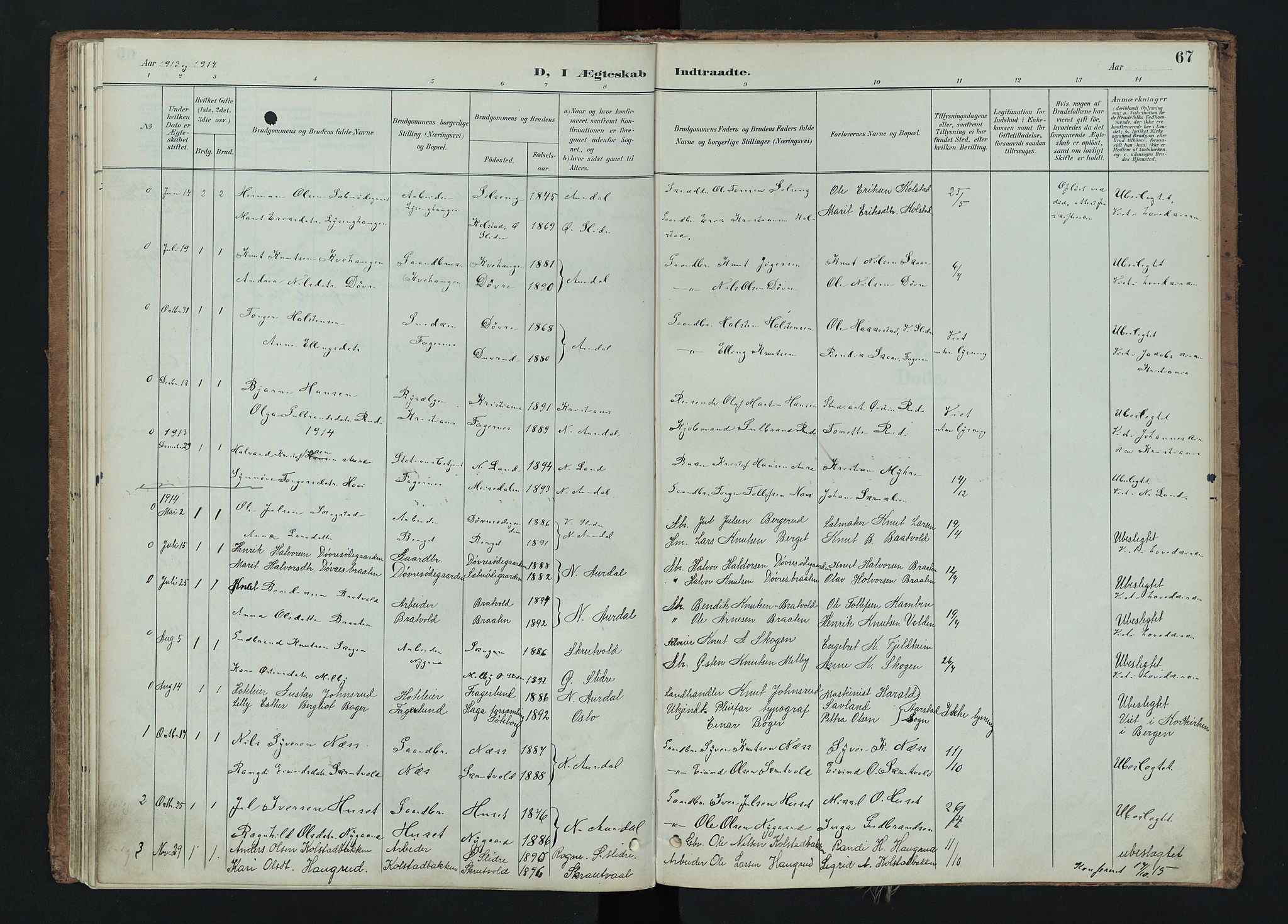 Nord-Aurdal prestekontor, AV/SAH-PREST-132/H/Ha/Haa/L0015: Parish register (official) no. 15, 1896-1914, p. 67