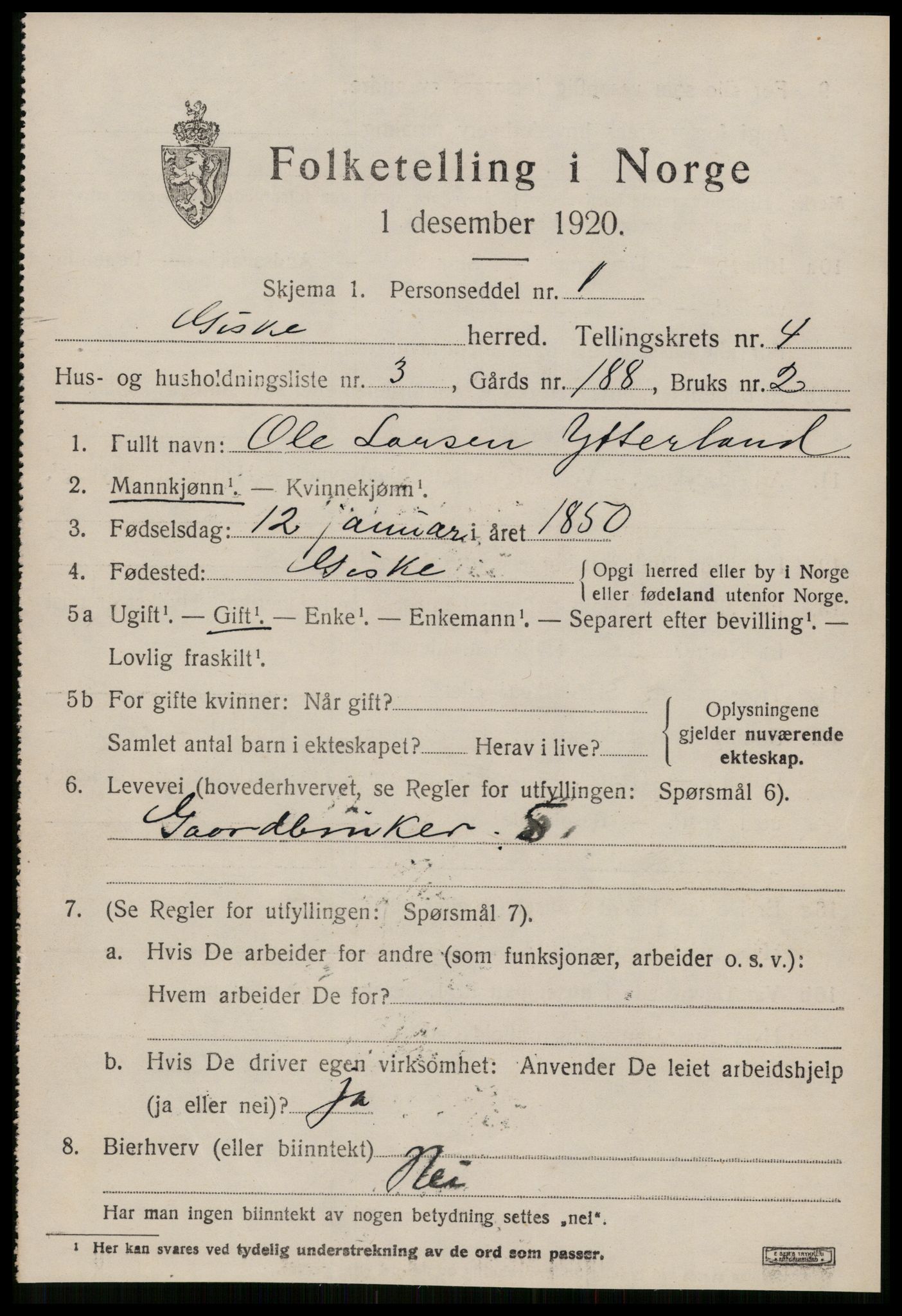 SAT, 1920 census for Giske, 1920, p. 2666