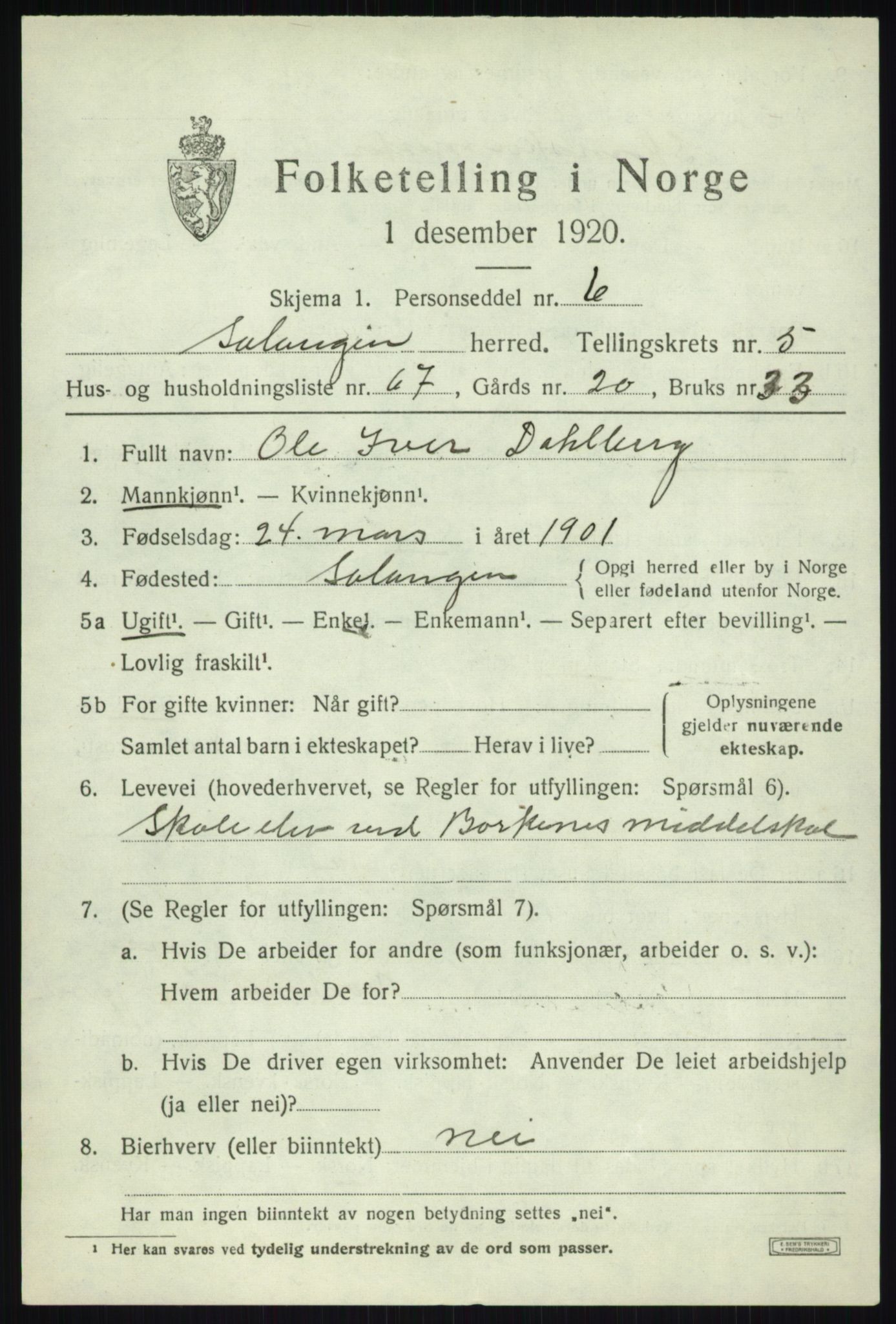 SATØ, 1920 census for Salangen, 1920, p. 4190