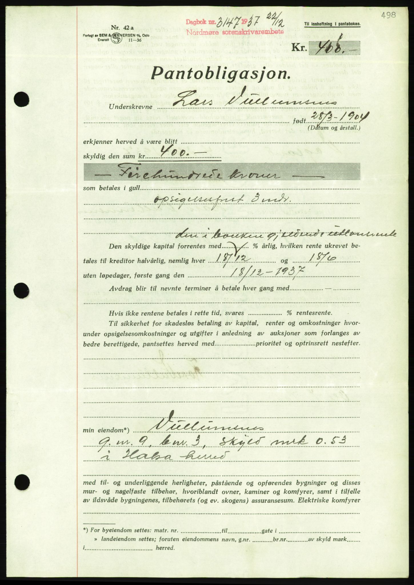 Nordmøre sorenskriveri, AV/SAT-A-4132/1/2/2Ca/L0092: Mortgage book no. B82, 1937-1938, Diary no: : 3147/1937