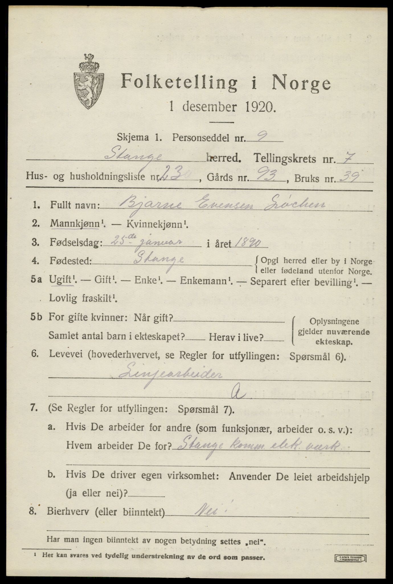 SAH, 1920 census for Stange, 1920, p. 12505