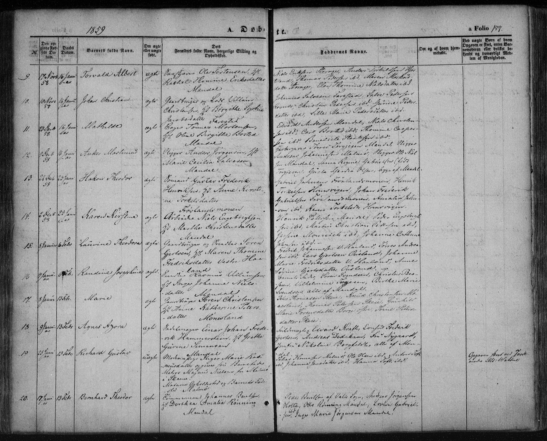 Mandal sokneprestkontor, AV/SAK-1111-0030/F/Fa/Faa/L0013: Parish register (official) no. A 13, 1847-1859, p. 177