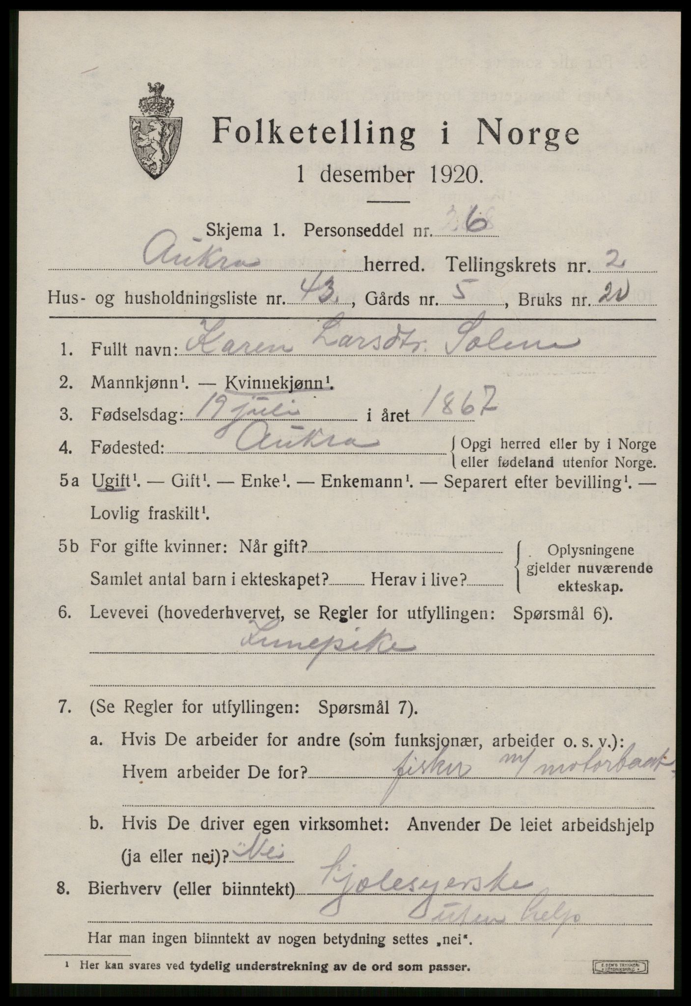 SAT, 1920 census for Aukra, 1920, p. 2157