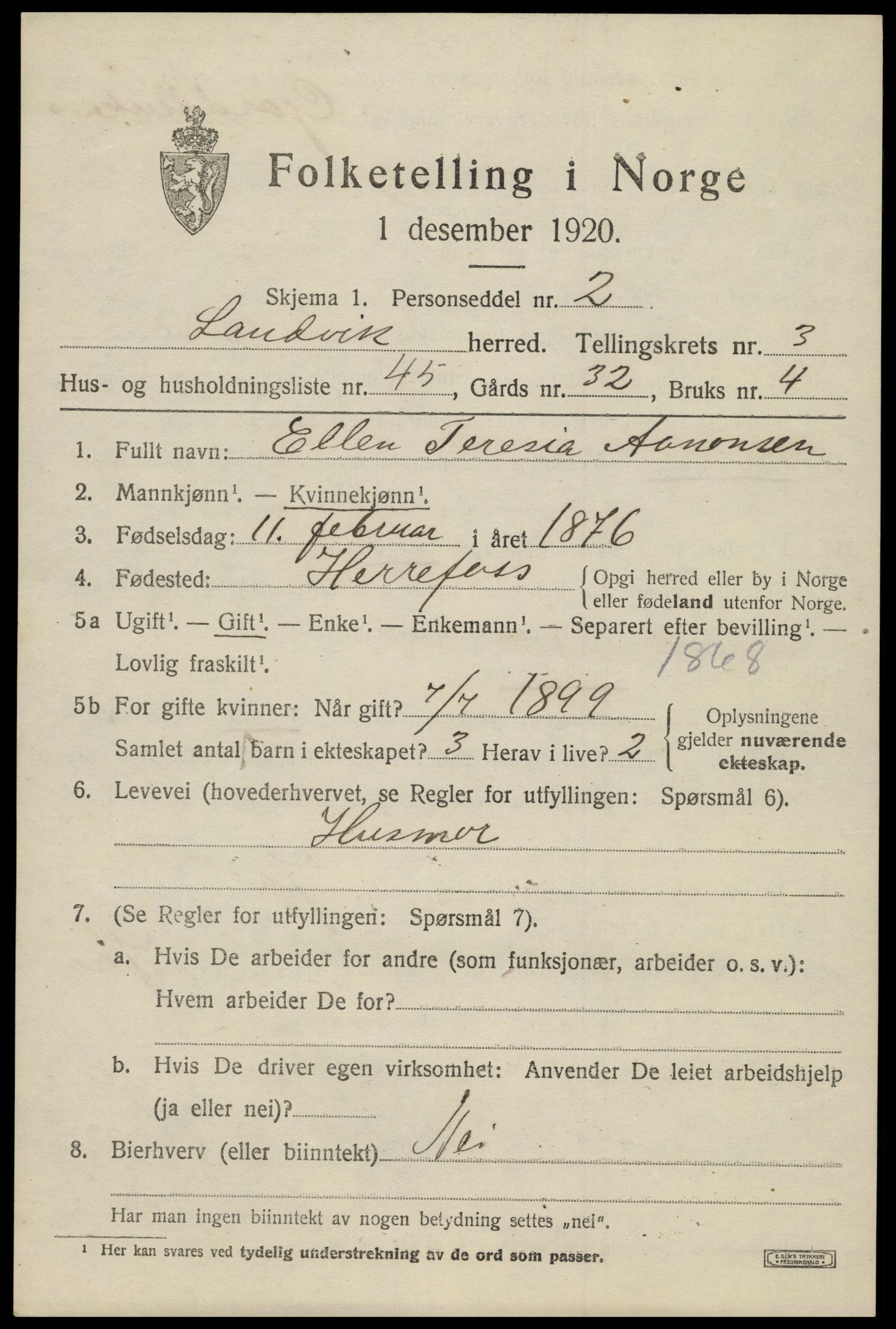SAK, 1920 census for Landvik, 1920, p. 3332