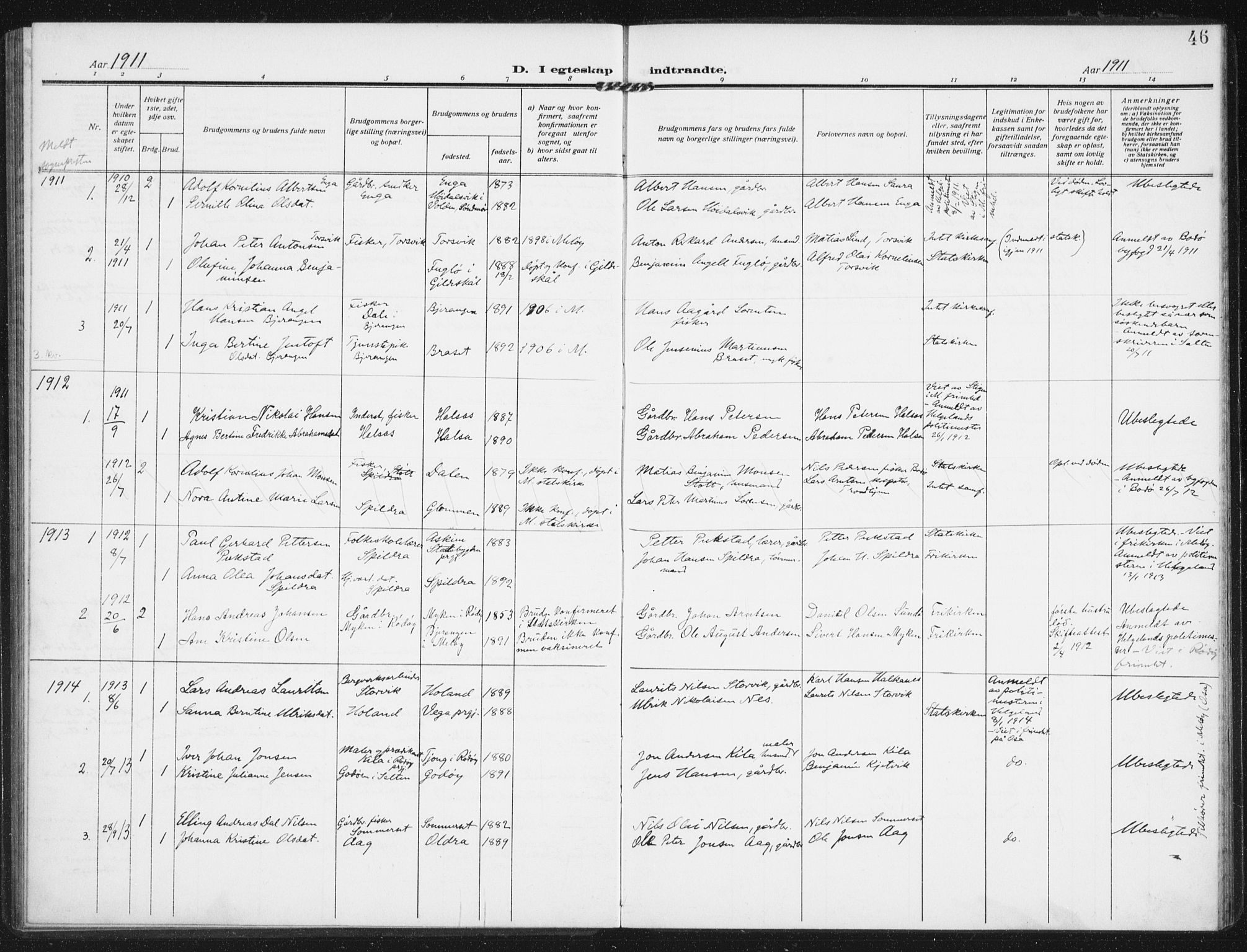 Ministerialprotokoller, klokkerbøker og fødselsregistre - Nordland, SAT/A-1459/843/L0629: Parish register (official) no. 843A04, 1907-1925, p. 46