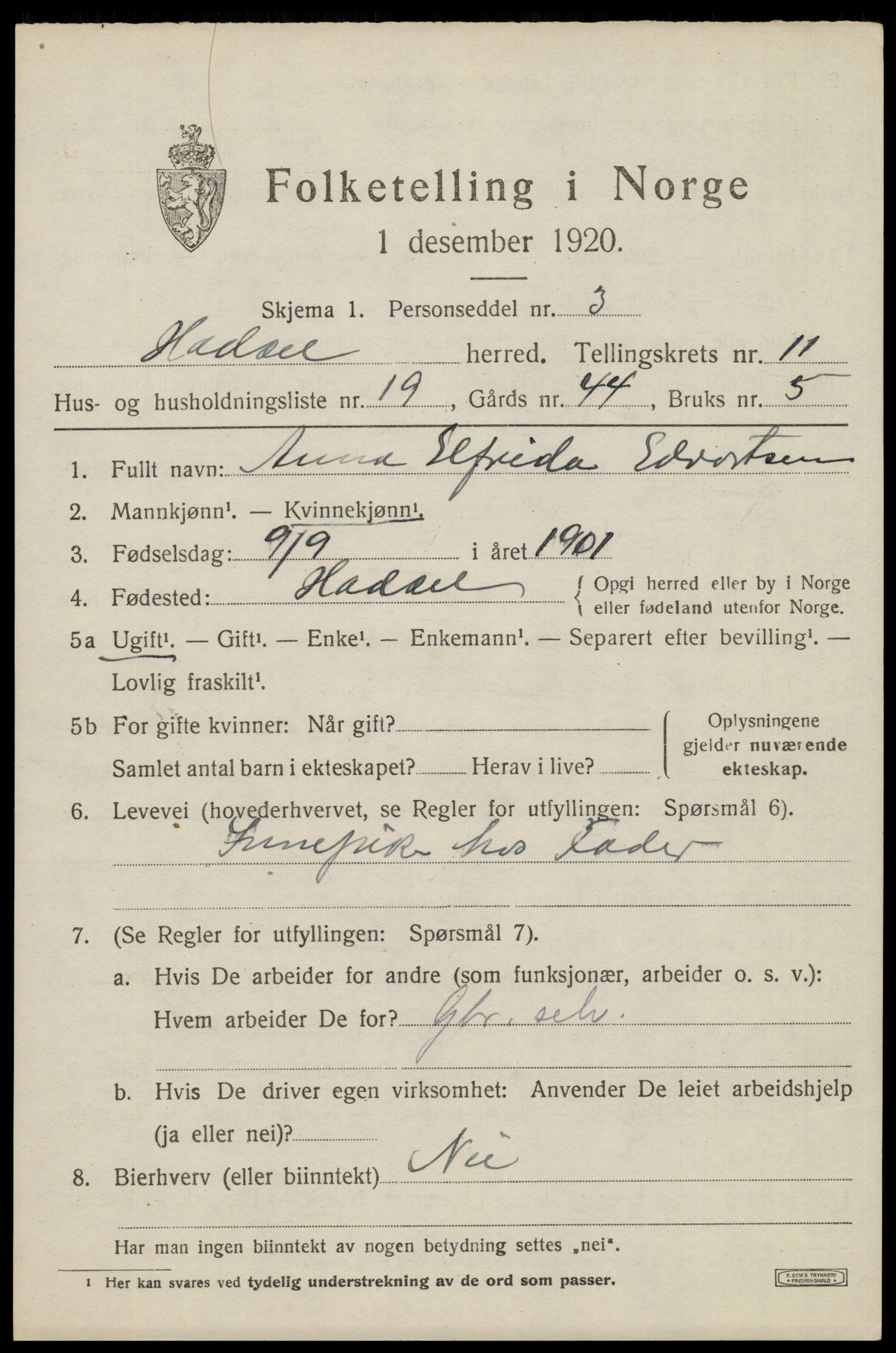 SAT, 1920 census for Hadsel, 1920, p. 8934