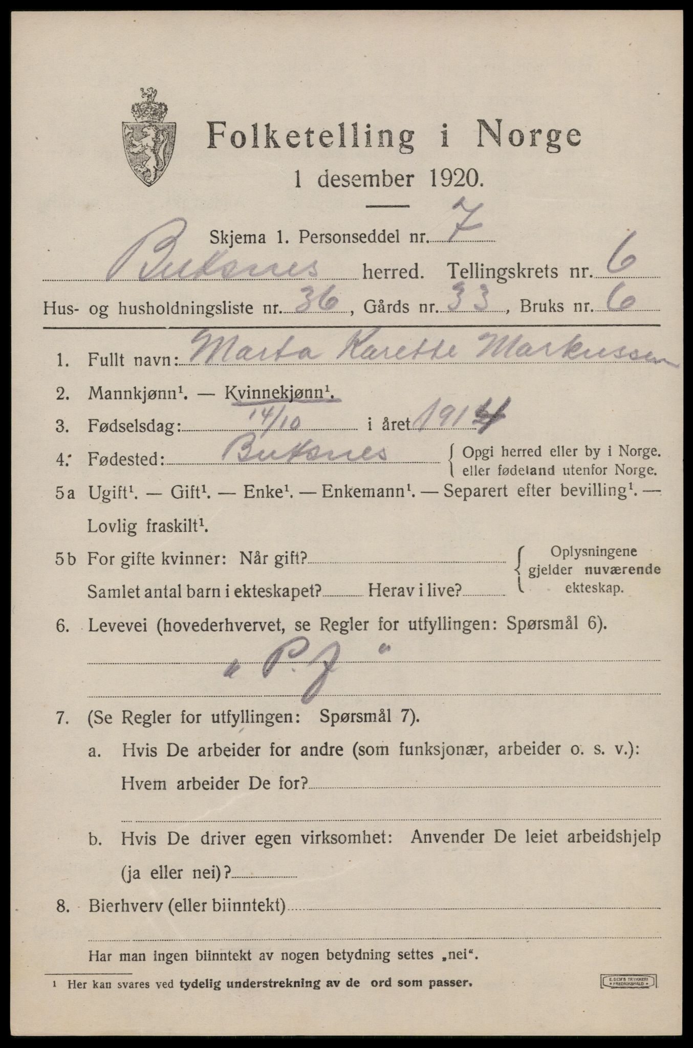 SAT, 1920 census for Buksnes, 1920, p. 6470