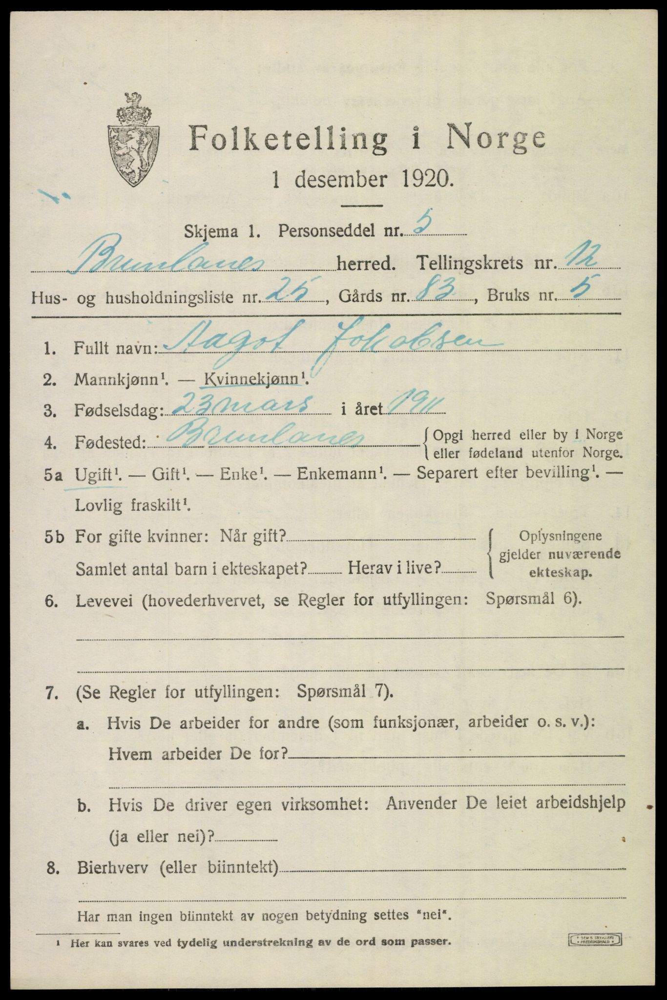 SAKO, 1920 census for Brunlanes, 1920, p. 10777