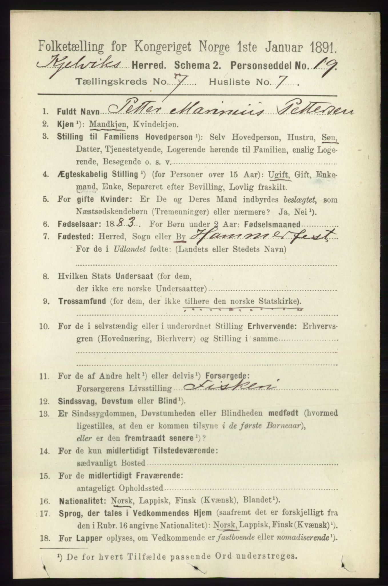 RA, 1891 census for 2019 Kjelvik, 1891, p. 943