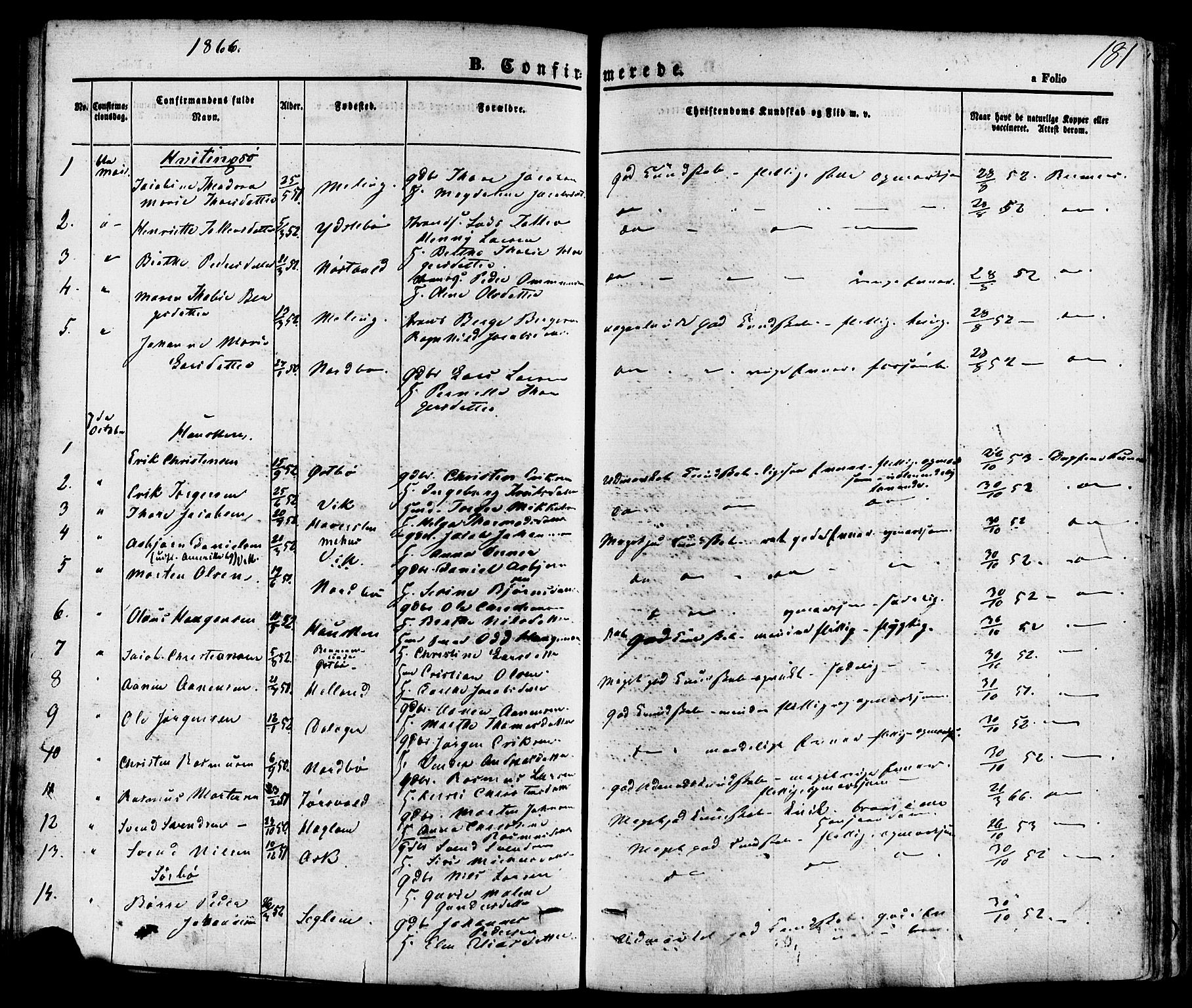 Rennesøy sokneprestkontor, SAST/A -101827/H/Ha/Haa/L0006: Parish register (official) no. A 6, 1860-1878, p. 181