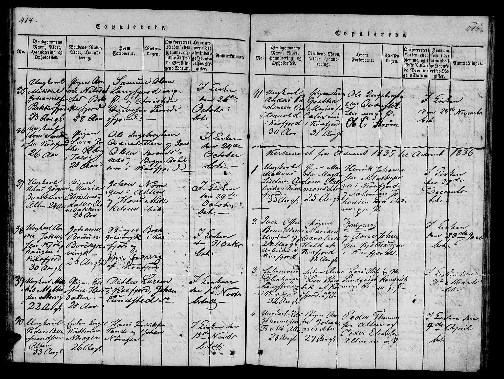 Talvik sokneprestkontor, SATØ/S-1337/H/Ha/L0008kirke: Parish register (official) no. 8, 1821-1837, p. 414-415
