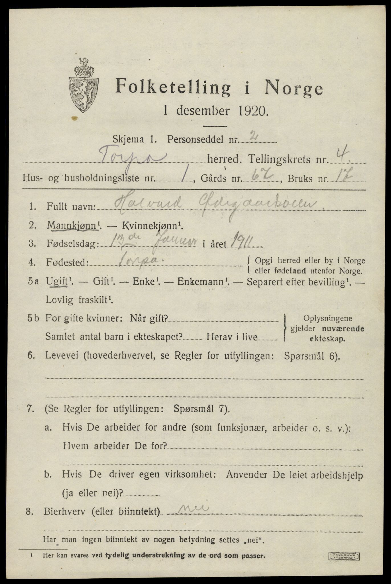 SAH, 1920 census for Torpa, 1920, p. 2965