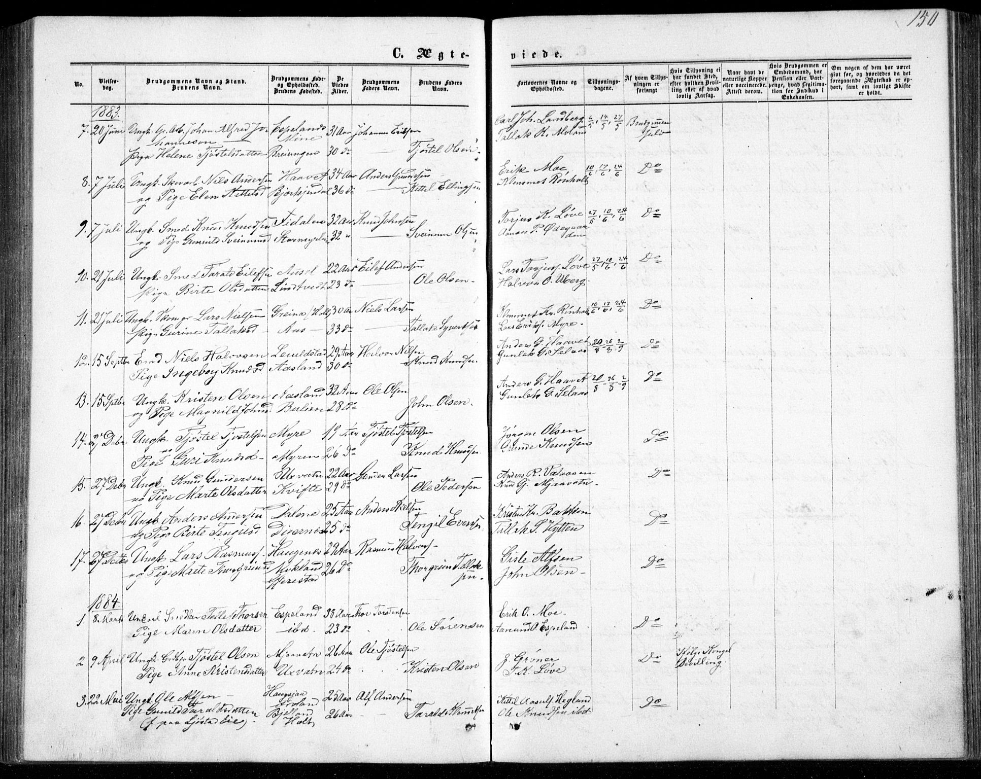 Gjerstad sokneprestkontor, AV/SAK-1111-0014/F/Fb/Fbb/L0003: Parish register (copy) no. B 3, 1862-1889, p. 150