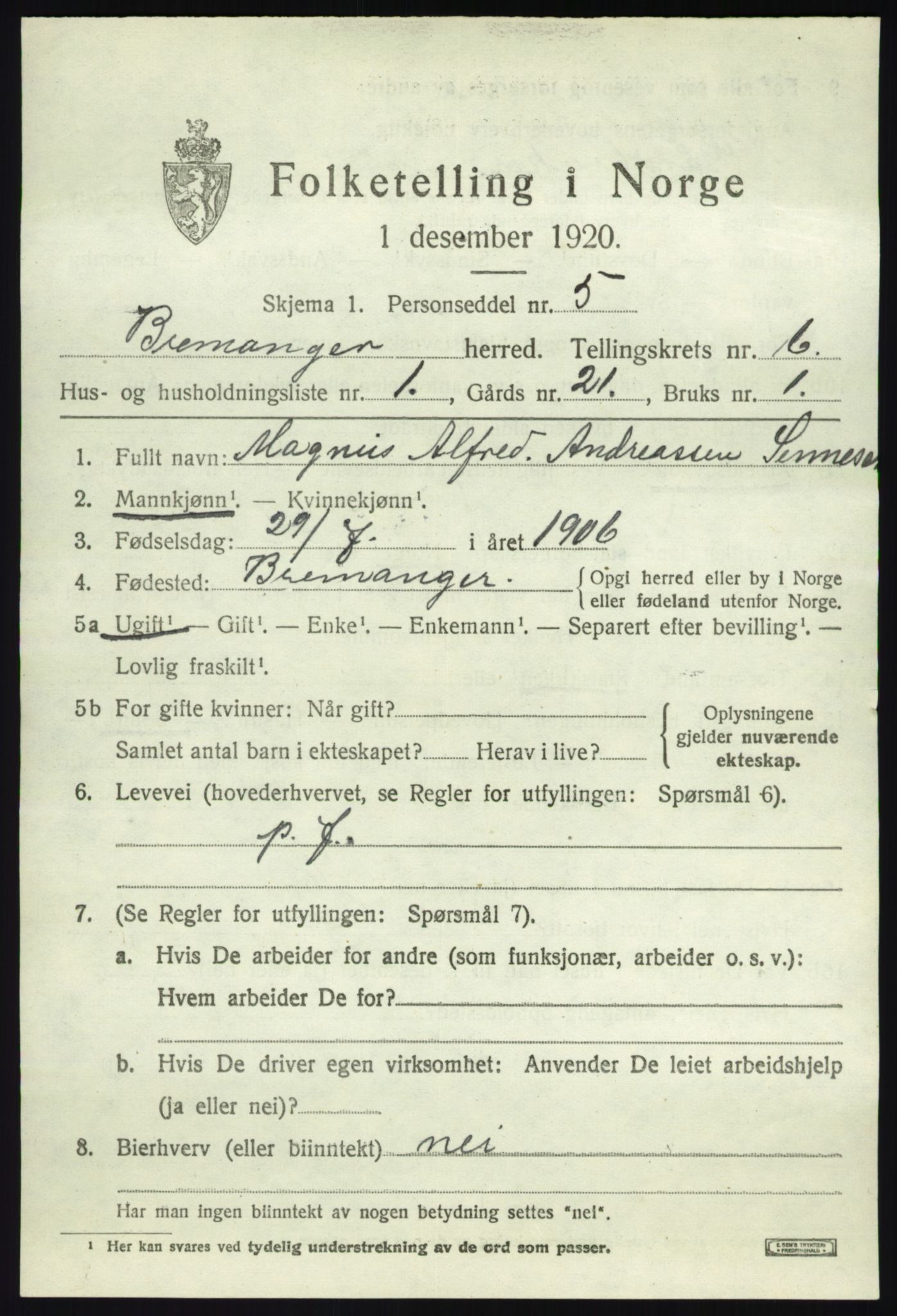 SAB, 1920 census for Bremanger, 1920, p. 4006