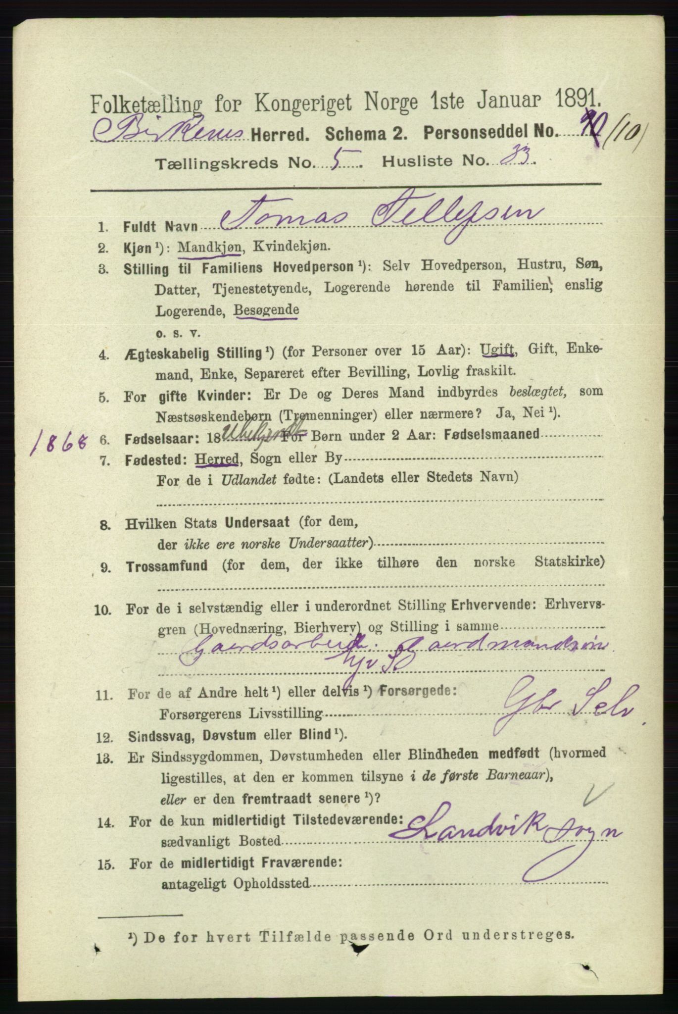 RA, 1891 Census for 0928 Birkenes, 1891, p. 1759