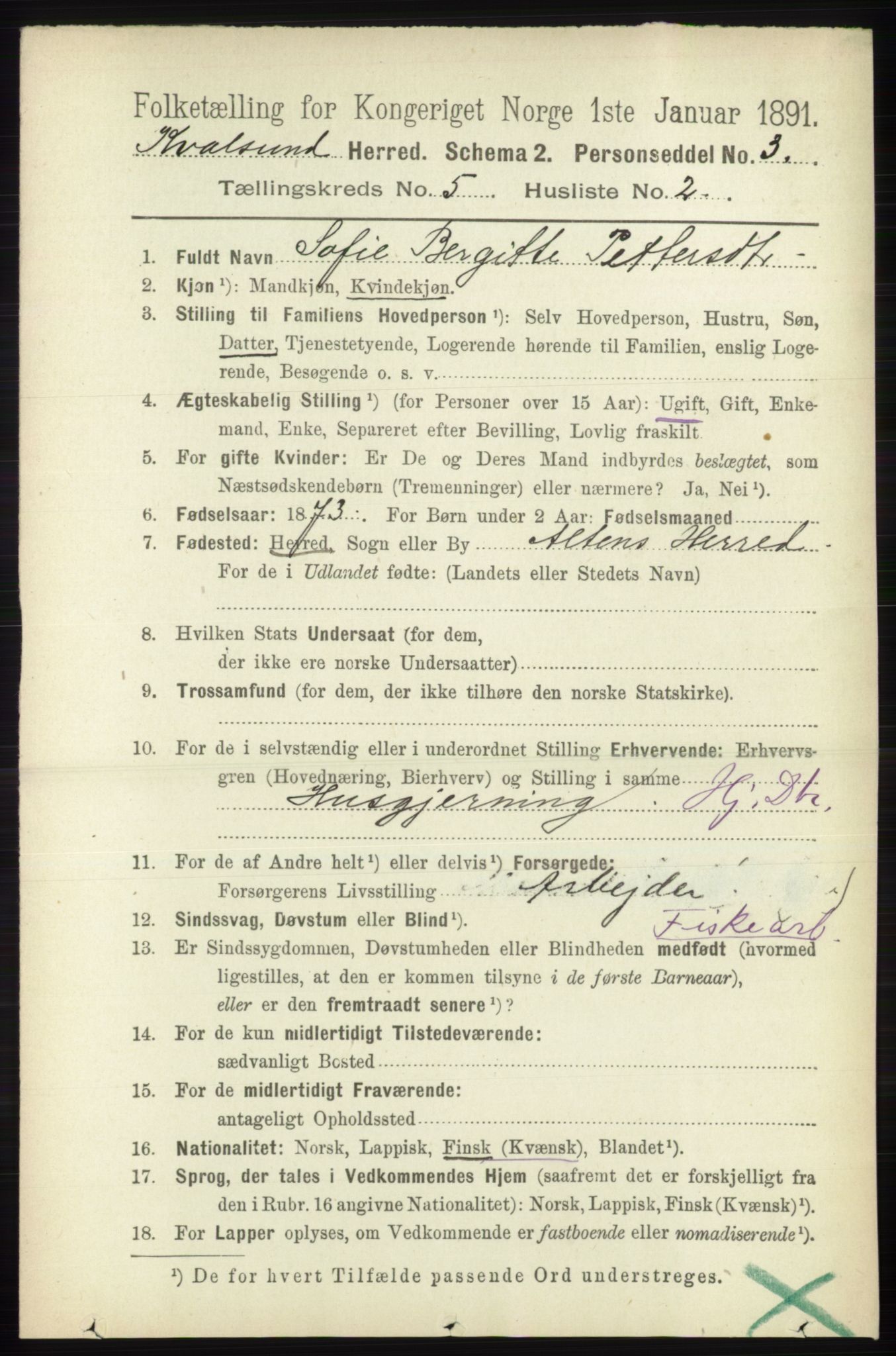 RA, 1891 census for 2017 Kvalsund, 1891, p. 525