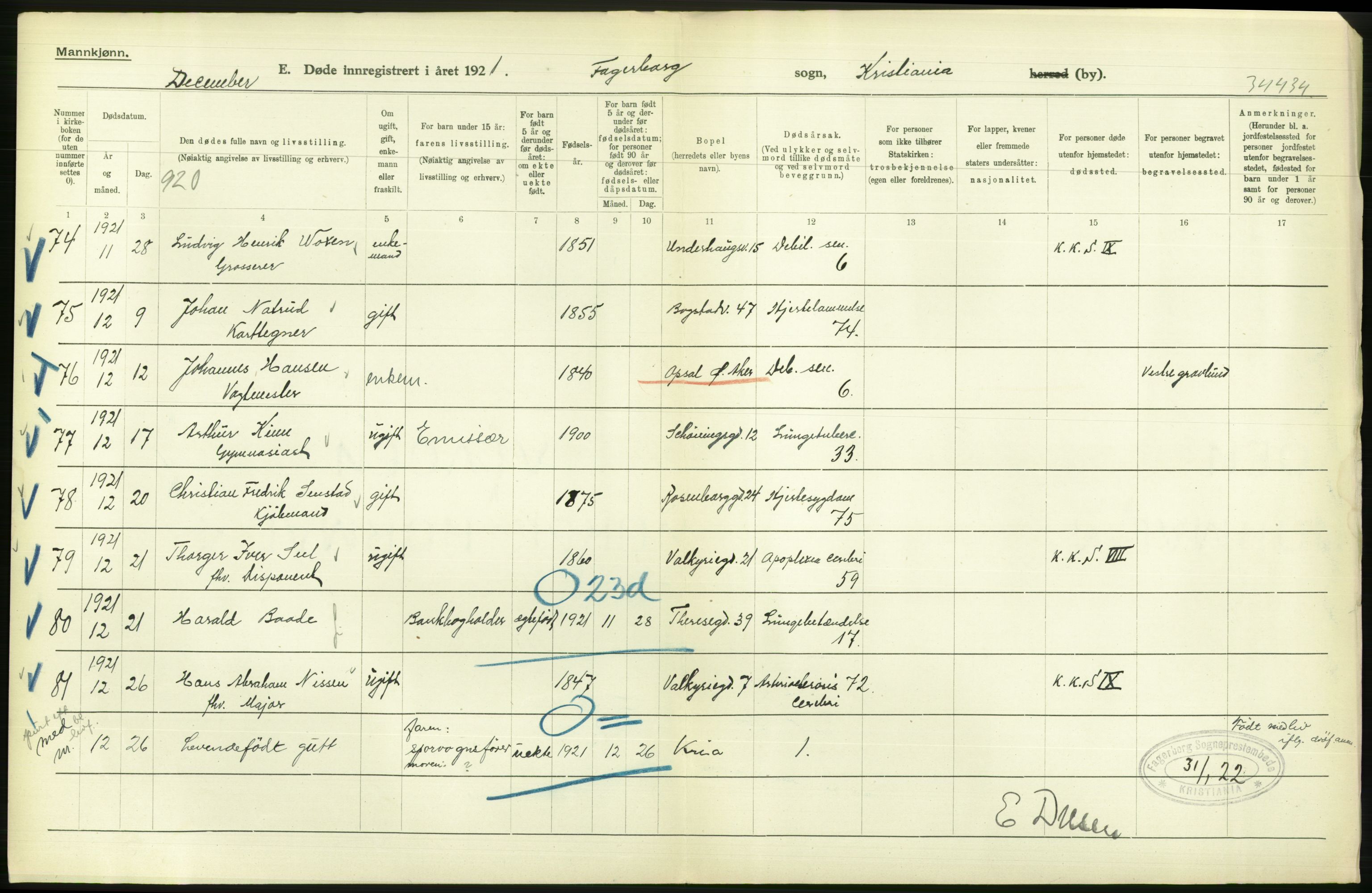 Statistisk sentralbyrå, Sosiodemografiske emner, Befolkning, AV/RA-S-2228/D/Df/Dfc/Dfca/L0012: Kristiania: Døde, 1921, p. 310