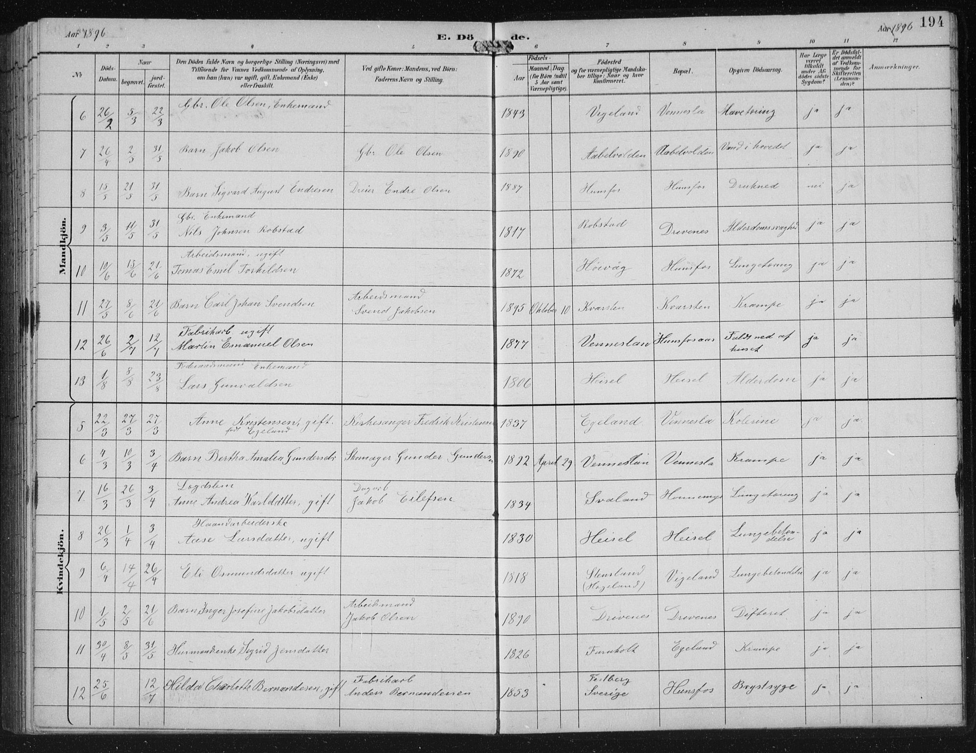 Vennesla sokneprestkontor, AV/SAK-1111-0045/Fb/Fbb/L0004: Parish register (copy) no. B 4, 1893-1902, p. 194