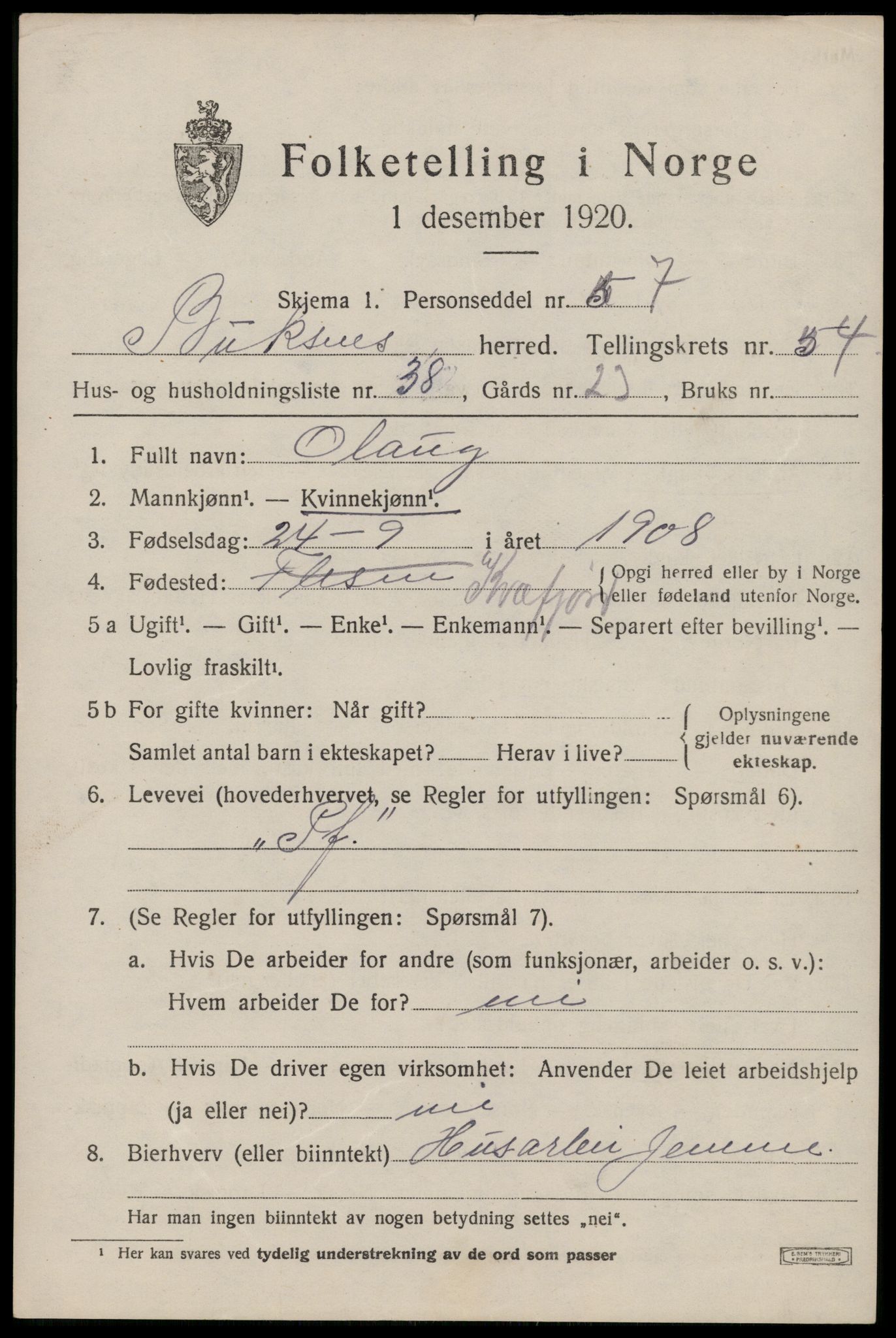 SAT, 1920 census for Buksnes, 1920, p. 5073